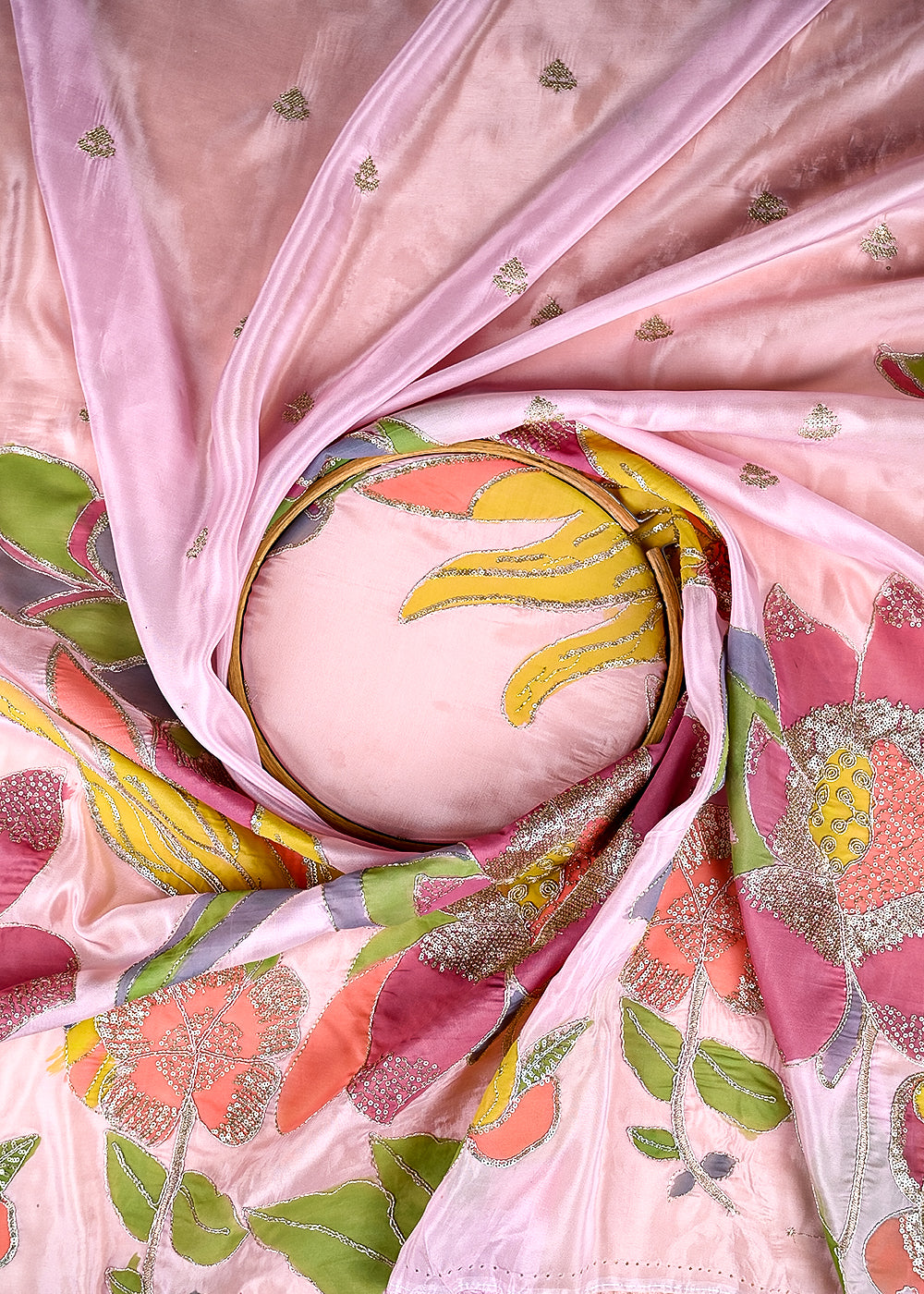 (Pre-Cut 2.4 MTR) Pink Organza Fabric With All Over Zari And Sequins With Multi Color Border 18893