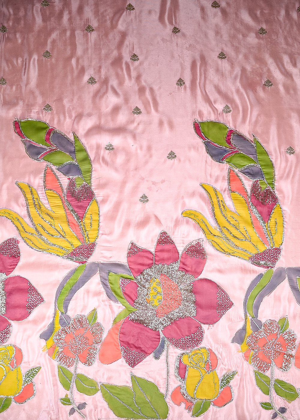 (Pre-Cut-2.4-MTR)-Pink-Organza-Fabric-With-All-Over-Zari-And-Sequins-With-Multi-Color-Border-18893-design-view