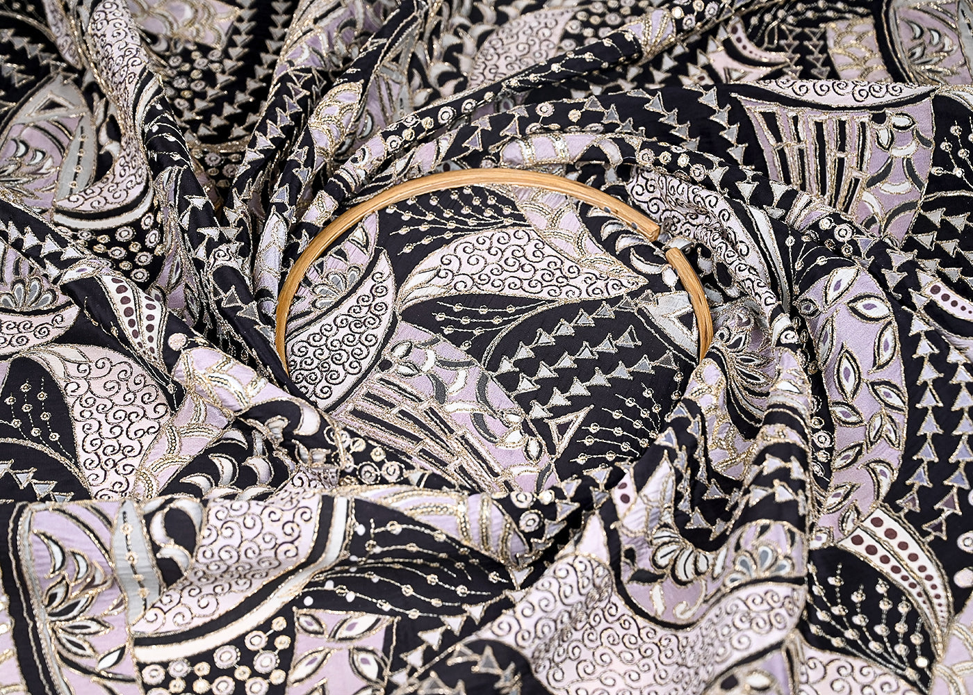 (Pre-Cut-1-MTR)-Black-Crepe-Fabric-With-All-Over-Sequins-And-Zari-Work-18896