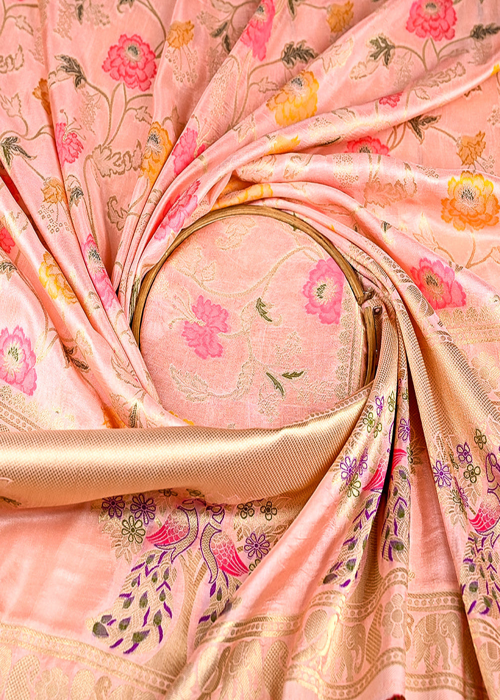 (Pre-Cut 1.1 MTR) Peach Banarasi Silk Fabric With All Over Zari Handloom With One Side Border 18897
