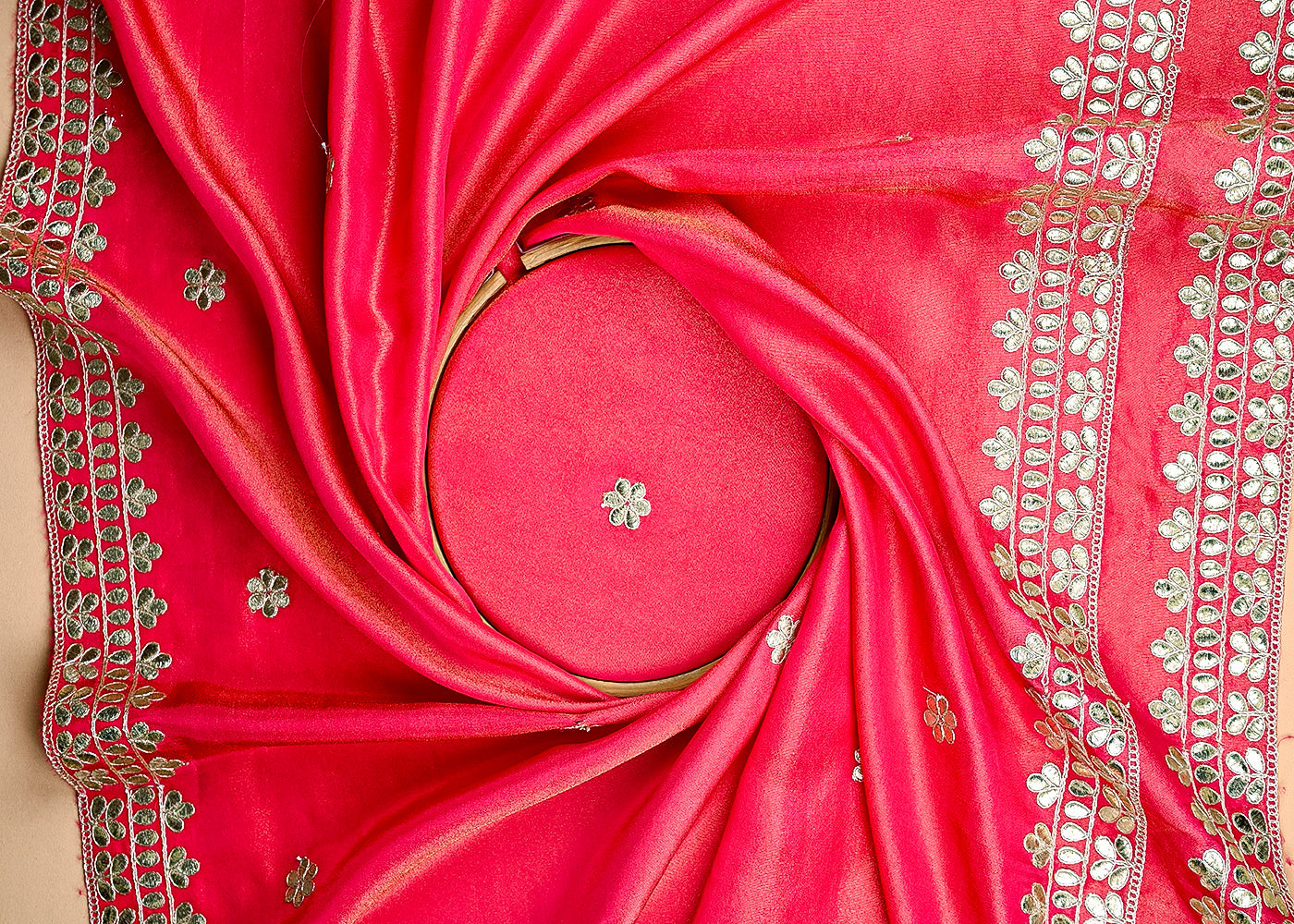 (Pre-Cut-2-MTR)-Rani-Pink-Tissue-Fabric-With-All-Over-Zari-And-Sequins-Work-With-Two-Side-Border-18898
