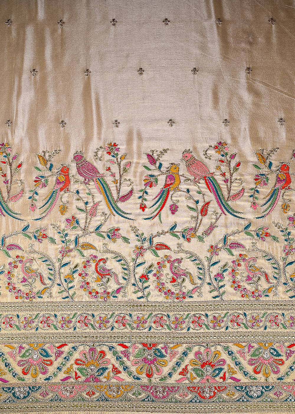 (Pre-Cut-1-MTR)-Golden-Tissue-Fabric-With-All-Over-Zari,-Sequins-And-Thread-Work-With-One-Side-Border-18899-work-view