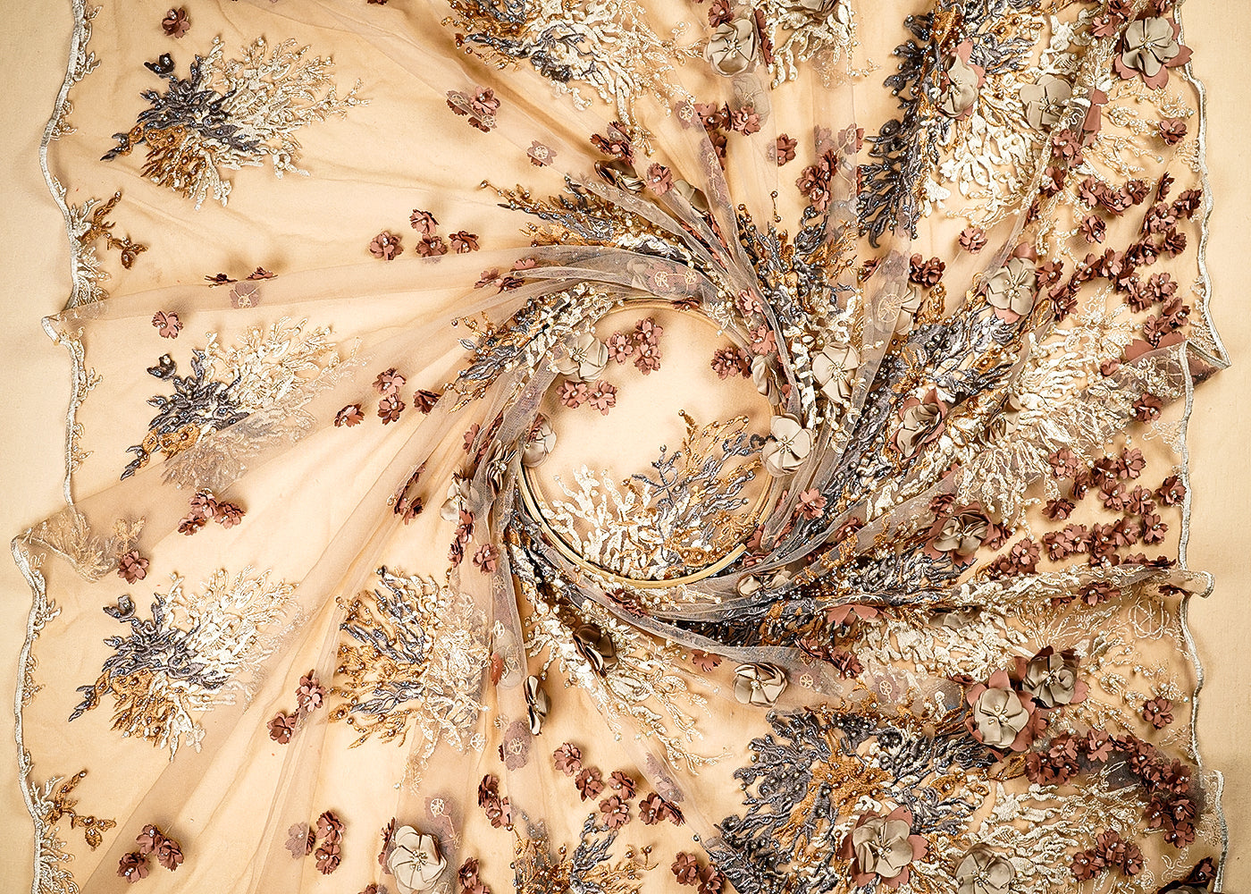 (Pre-Cut-1.6-MTR)-Golden-Net-Fabric-With-All-Over-Thread-Katdana-And-Bead-Work-18901