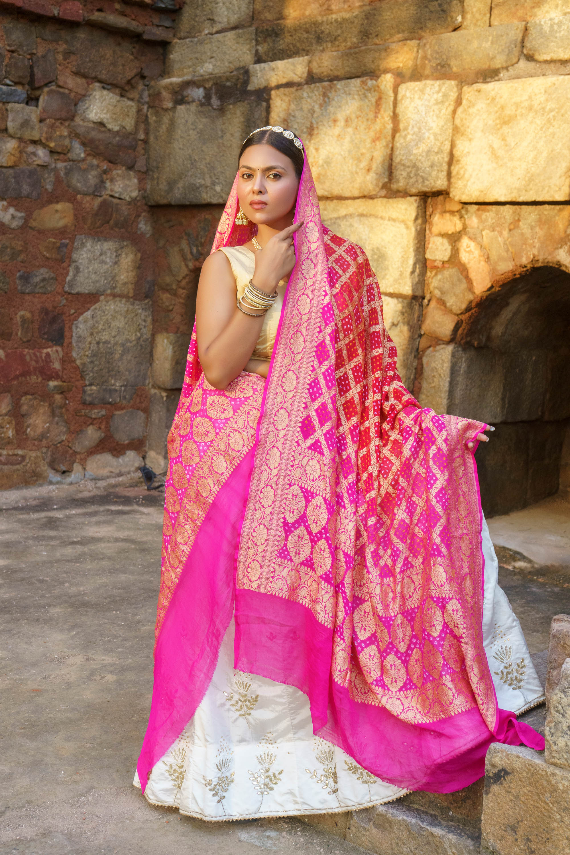 The Parampara - Pink And Red Pure Georgette Bandhani Handloom Dupatta 18903