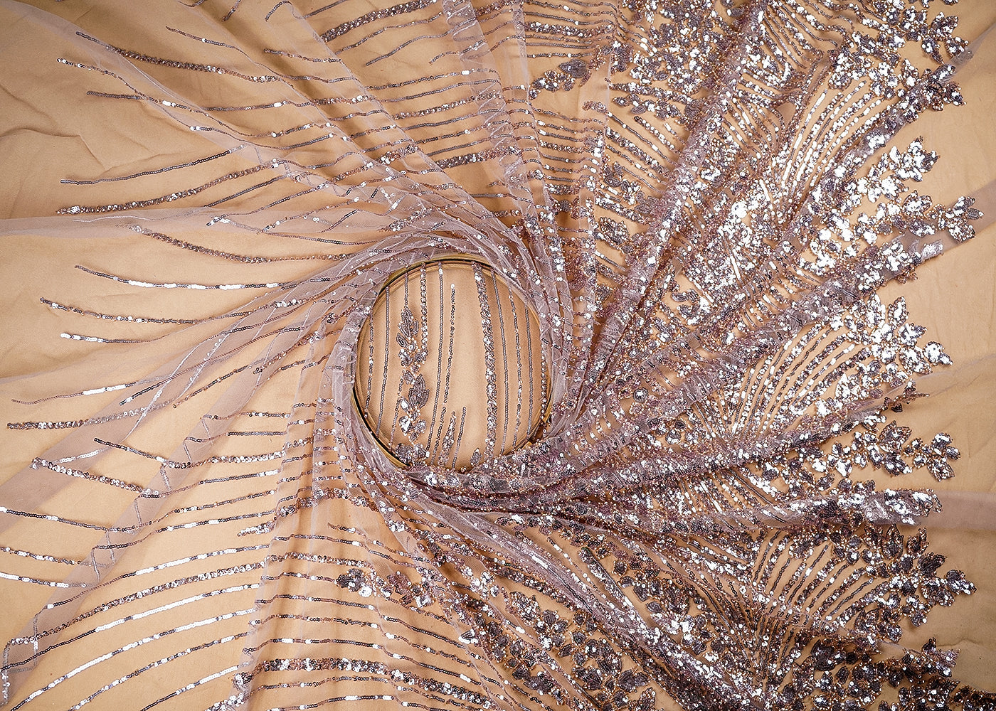 (Pre-Cut-1.6-MTR)-Pink-Net-Fabric-With-All-Over-Sequins-And-Katdana-Work-With-One-Side-Border-18905