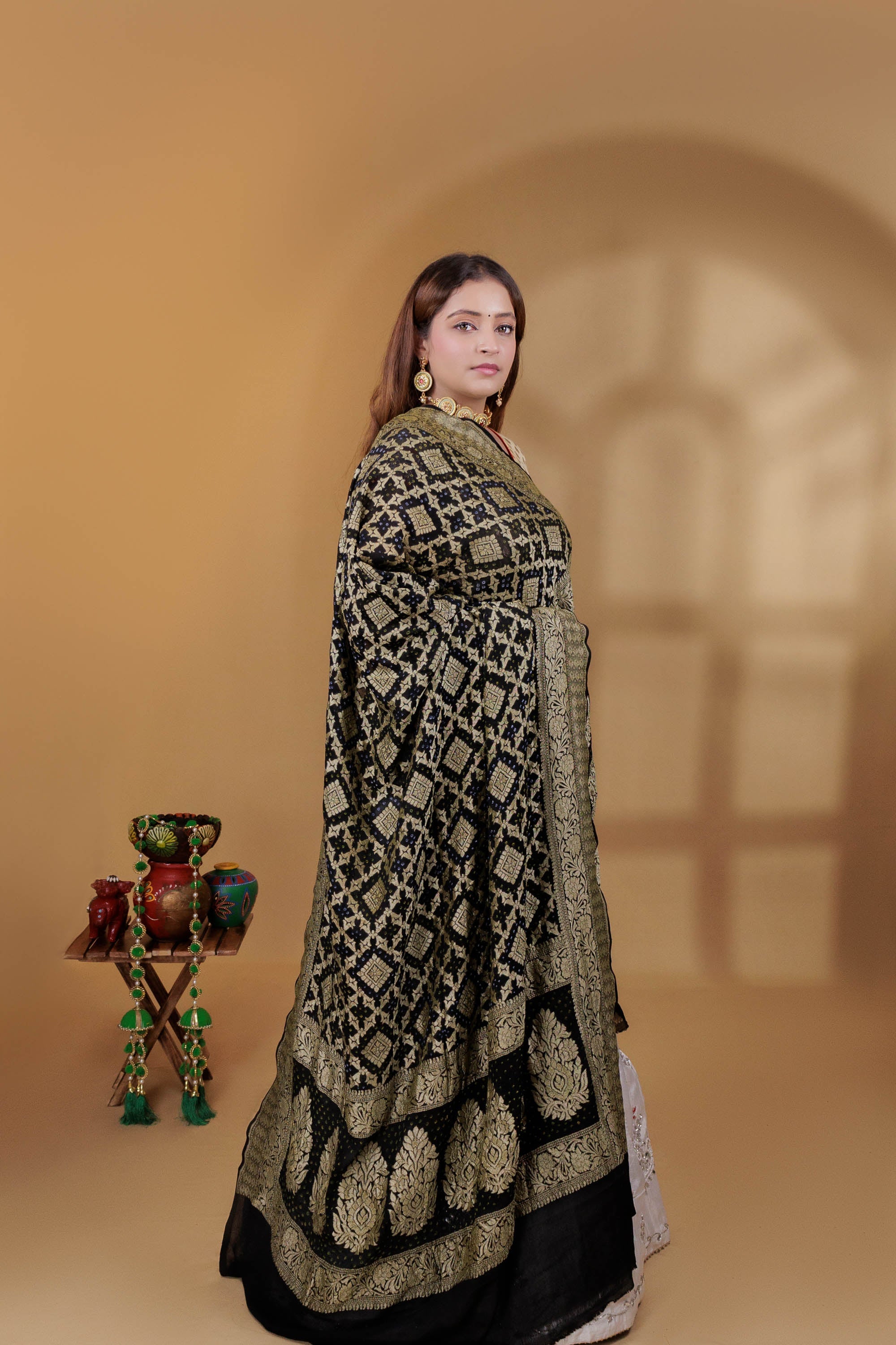 The Parampara - Black Pure Georgette Bandhani Handloom Dupatta 18905