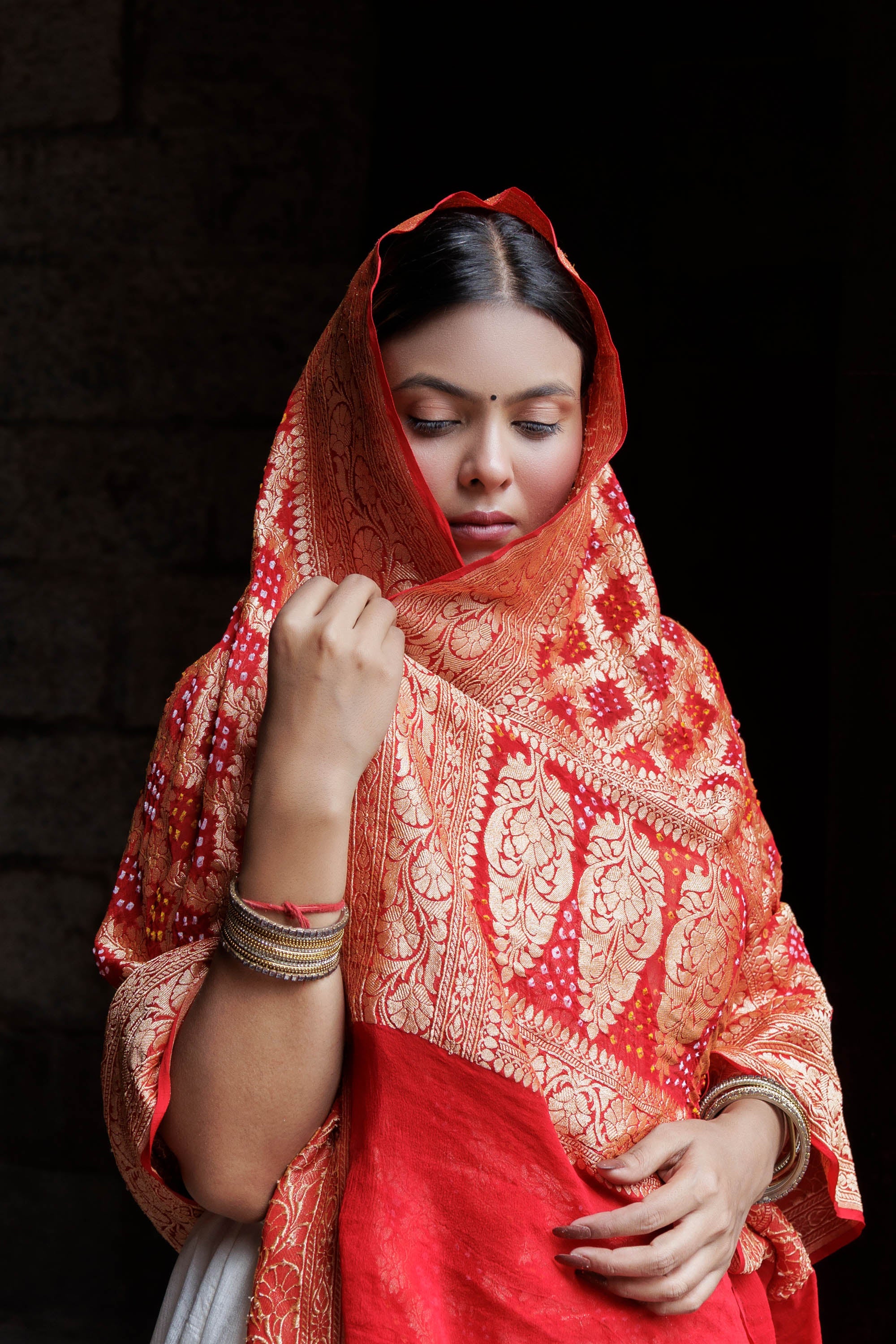 The Parampara - Red Pure Georgette Bandhani Handloom Dupatta 18906