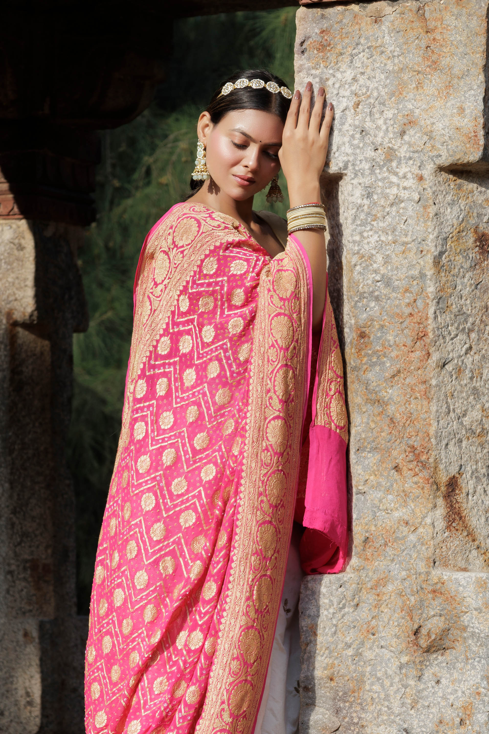 The Parampara - Pink Pure Georgette Bandhani Handloom Dupatta 18911