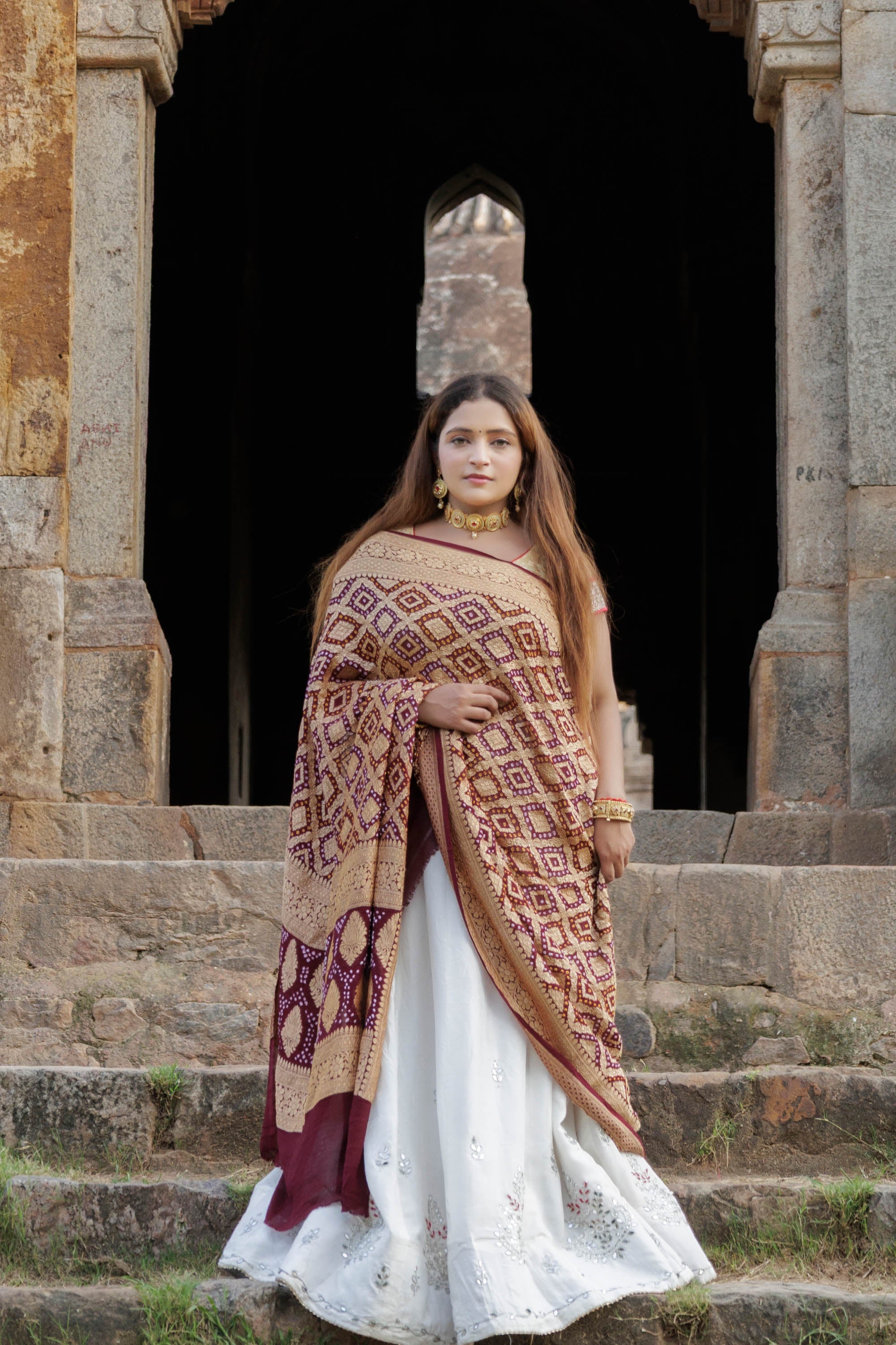 The Parampara - Wine Pure Georgette Bandhani Handloom Dupatta 18913