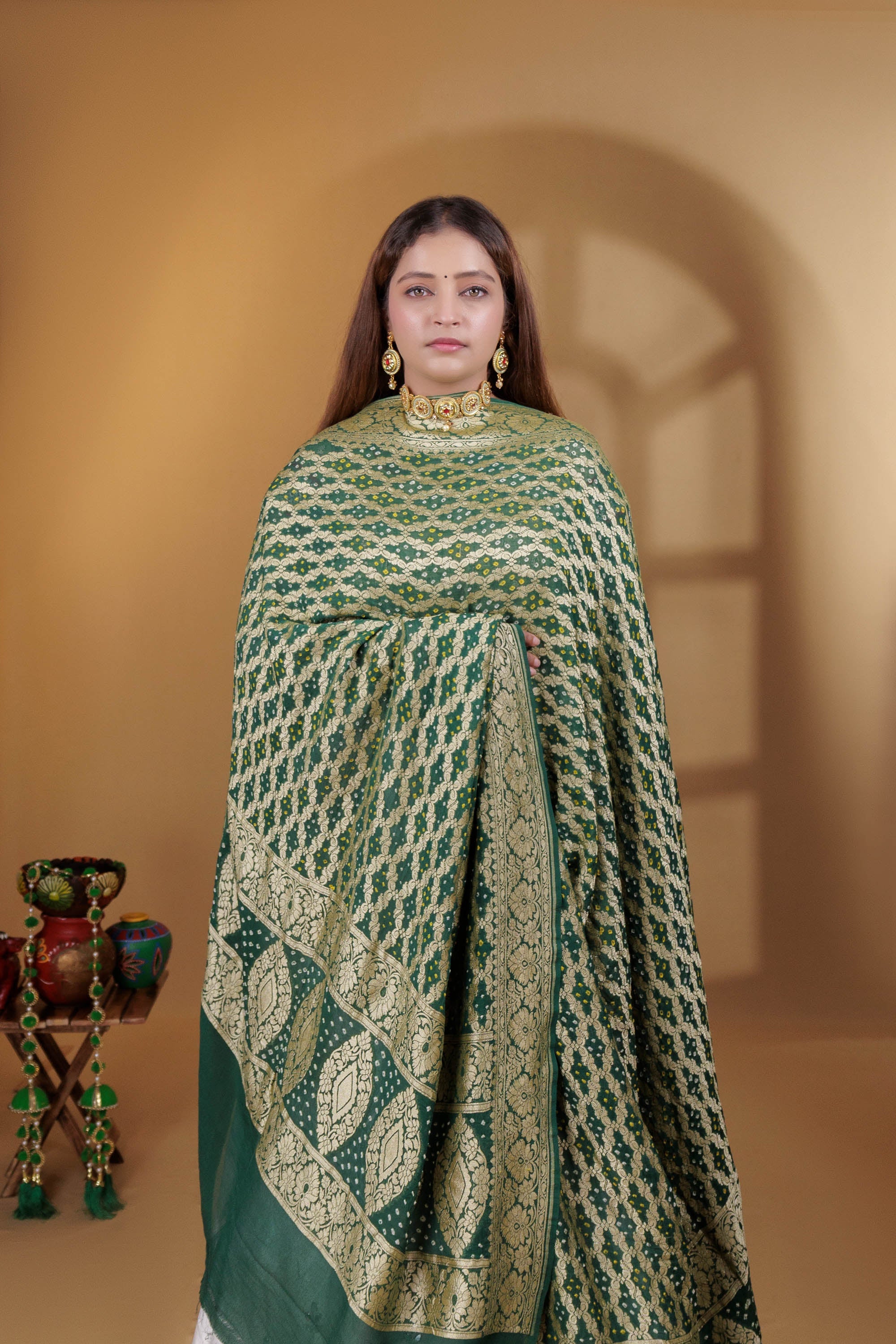 The Parampara - Bottle Green Pure Georgette Bandhani Handloom Dupatta 18915