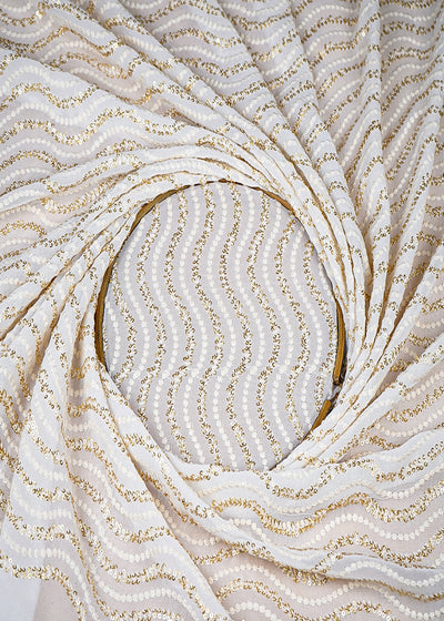 (Pre-Cut 2.2 MTR) White Georgette Fabric With All Over Sequins And Thread Work 18916