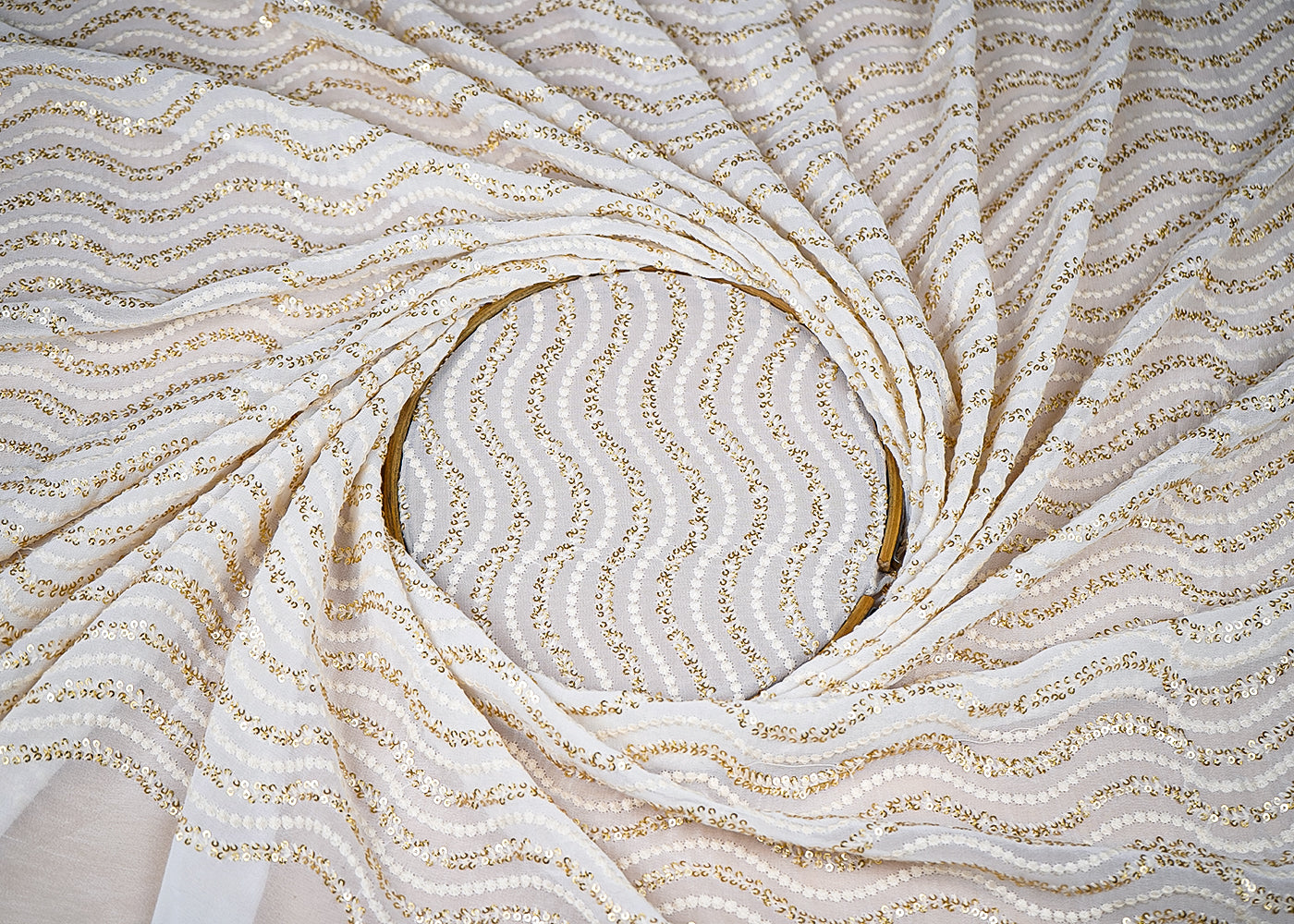 (Pre-Cut-2.2-MTR)-White-Georgette-Fabric-With-All-Over-Sequins-And-Thread-Work-18916