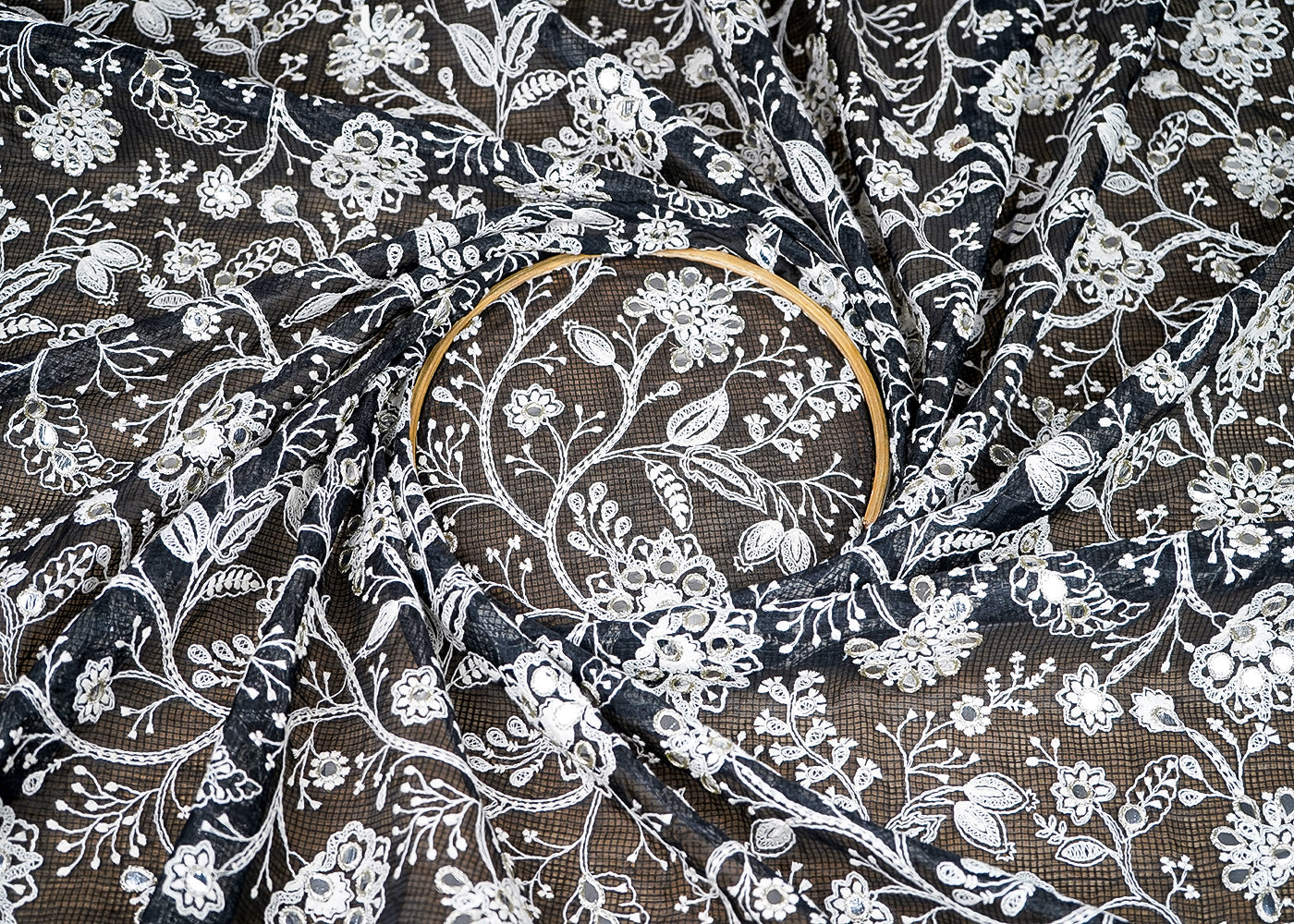 (Pre-Cut-2.65-MTR)-Black-Kotadoria-Fabric-With-All-Over-Thread-And-Fuax-Mirror-Work-1