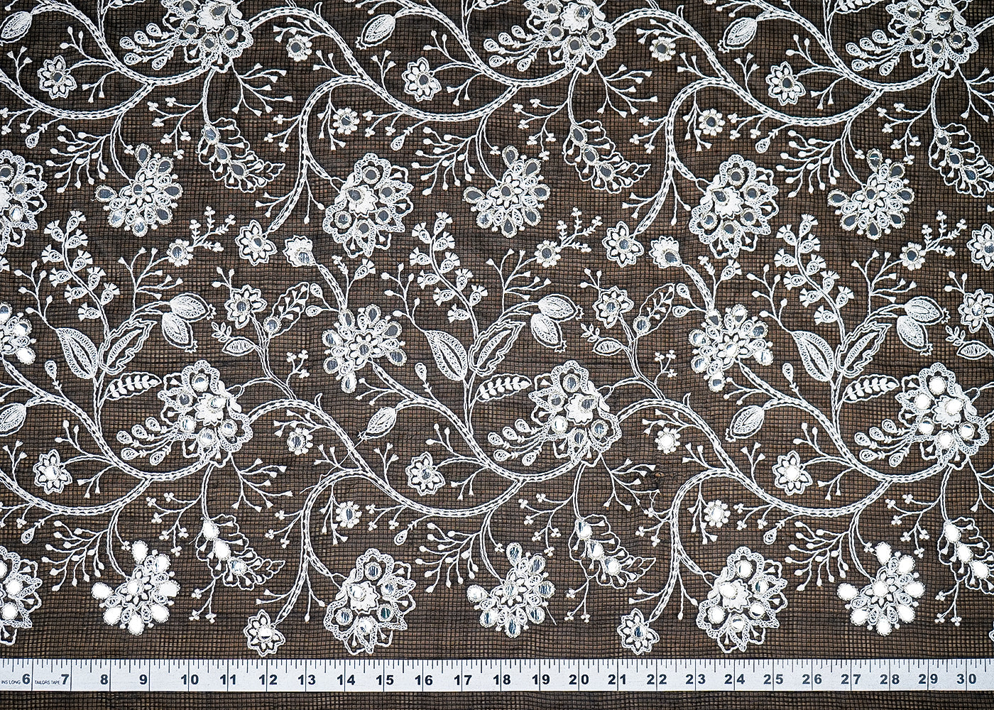 (Pre-Cut-2.65-MTR)-Black-Kotadoria-Fabric-With-All-Over-Thread-And-Fuax-Mirror-Work-1-measurement-view