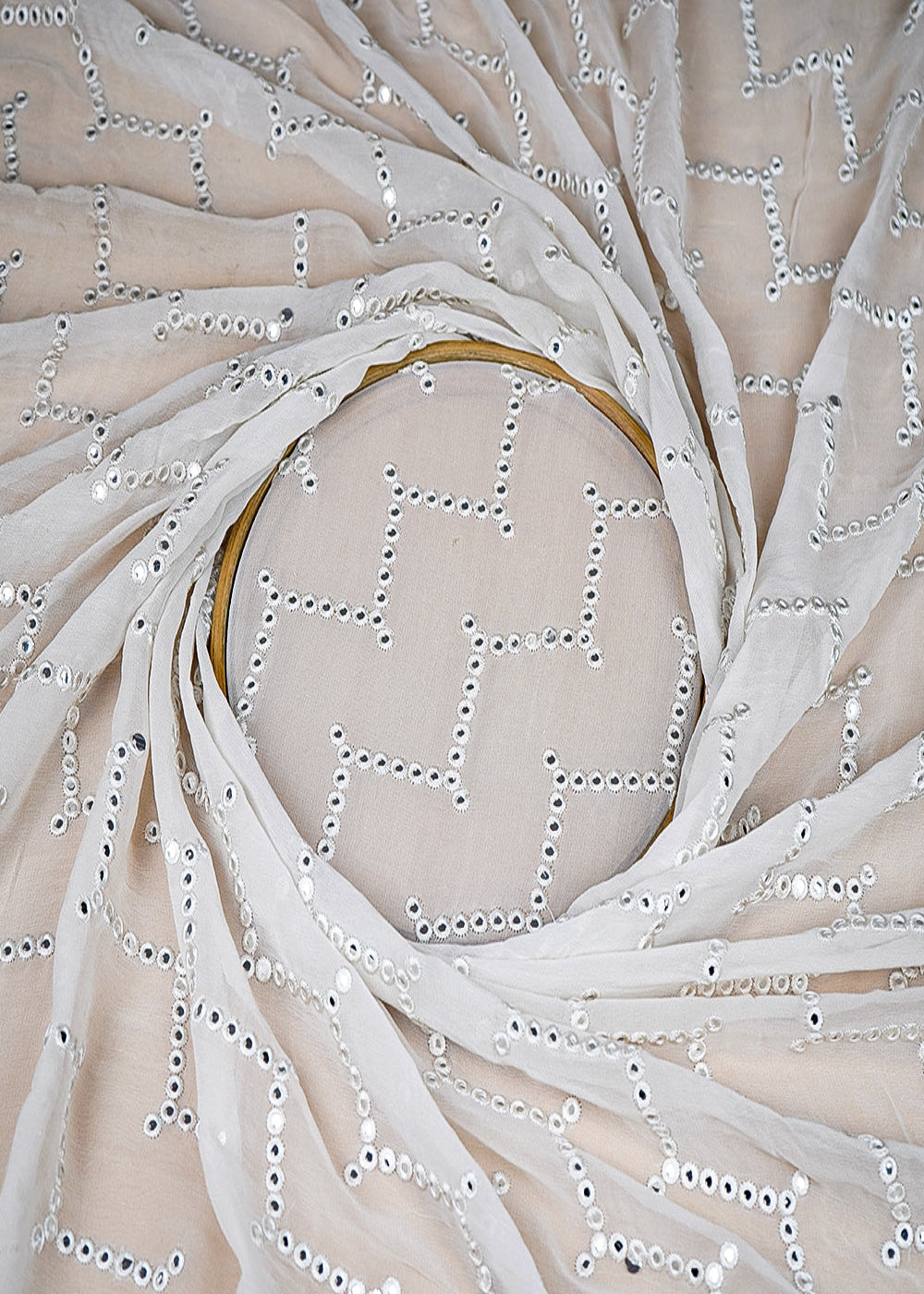 (Pre-Cut-2.4-MTR)-White-Georgette-Fabric-With-All-Over-Thread-And-Faux-Mirror-18919