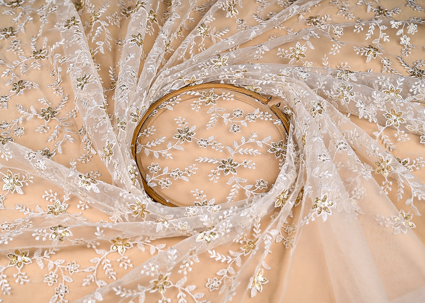(Pre-Cut-1.45-MTR)-White-Net-Fabric-With-All-Over-Sequins-And-Thread-Work-18921