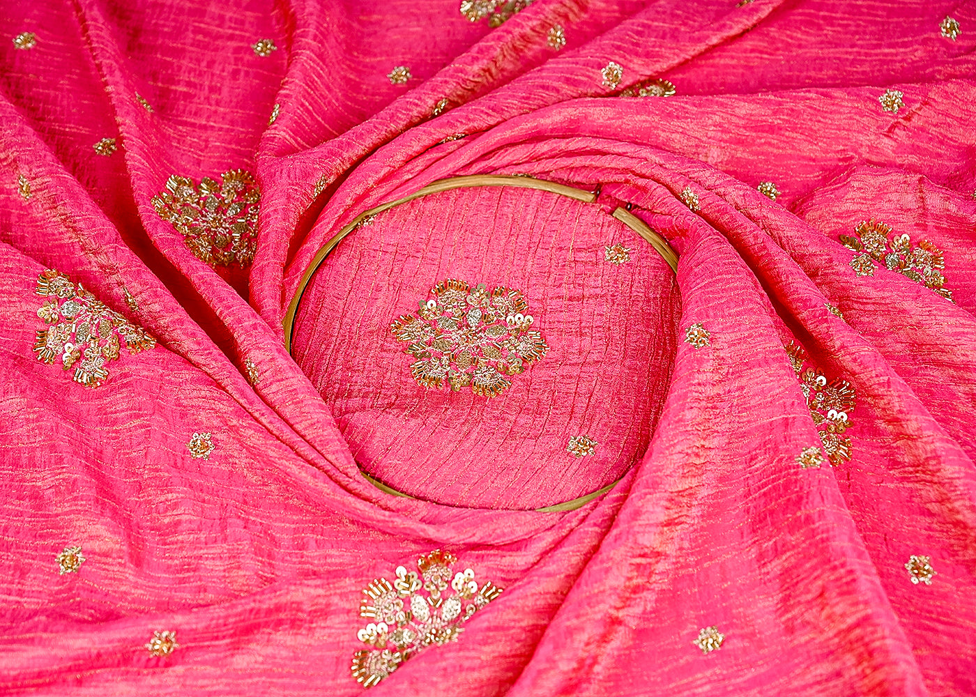 (Pre-Cut 2.5 MTR) Gajri Tissue Fabric With All Over Katdana And Sequins Work 18927