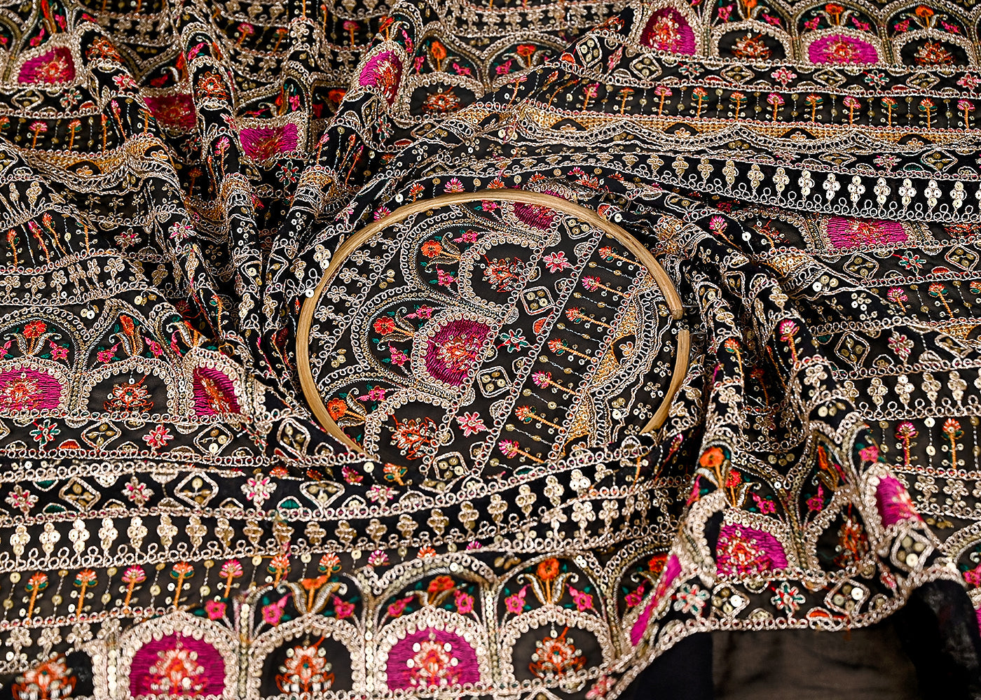 (Pre-Cut-1-MTR)-Black-Georgette-Fabric-With-All-Over-Sequins,-Zari-And-Thread-Work-18928