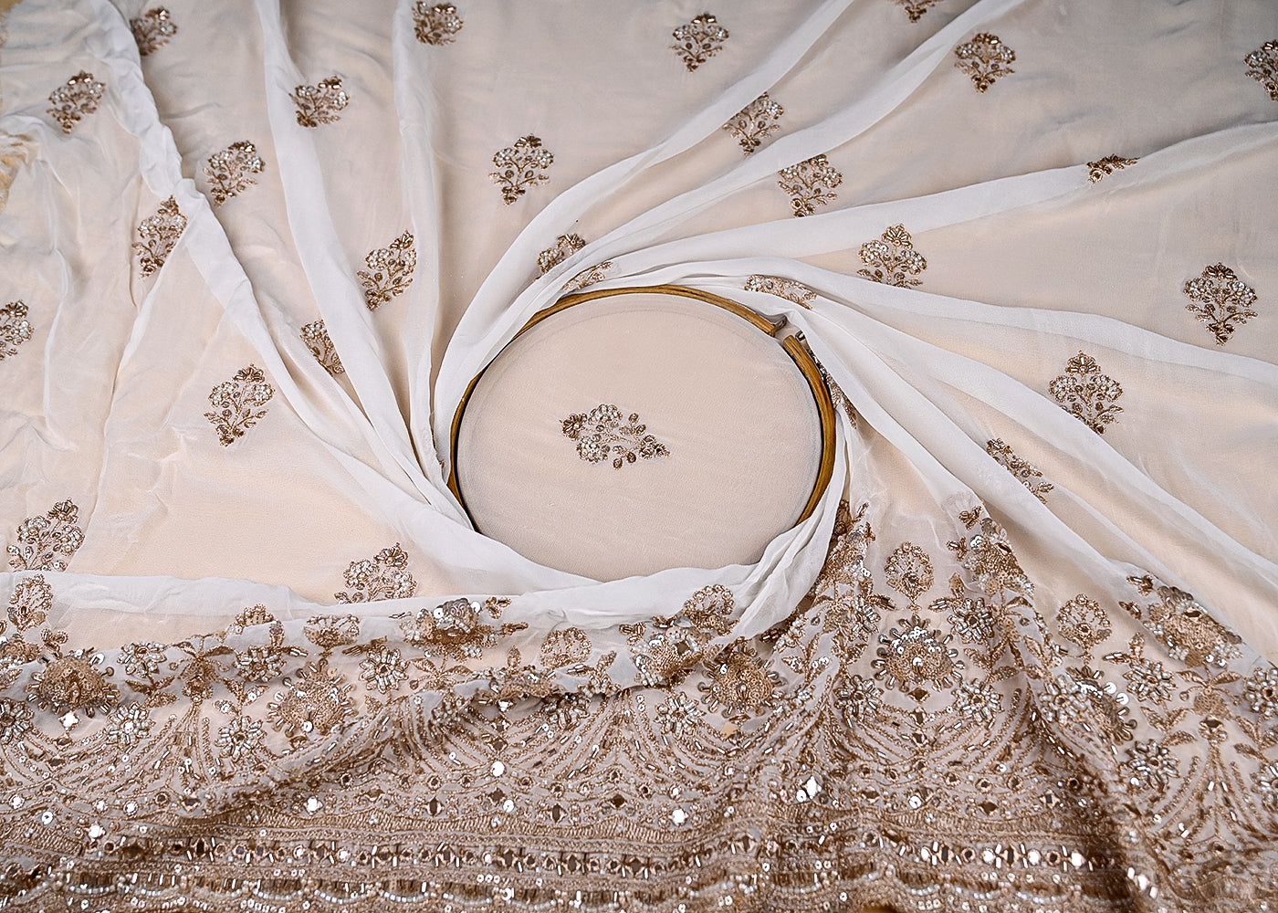 (Pre-Cut-2.4-MTR)-White-Georgette-Fabric-With-All-Over-Sequins-Zari-And-Faux-Mirror-Work-With-One-Side-Border-18932