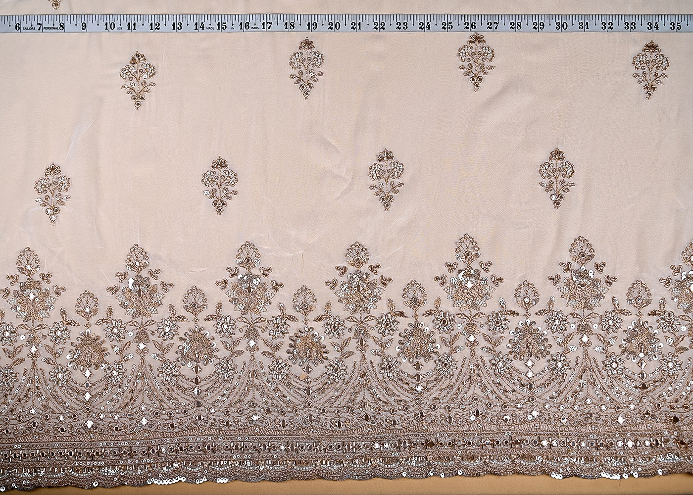 (Pre-Cut-2.4-MTR)-White-Georgette-Fabric-With-All-Over-Sequins-Zari-And-Faux-Mirror-Work-With-One-Side-Border-18932-measurement-view