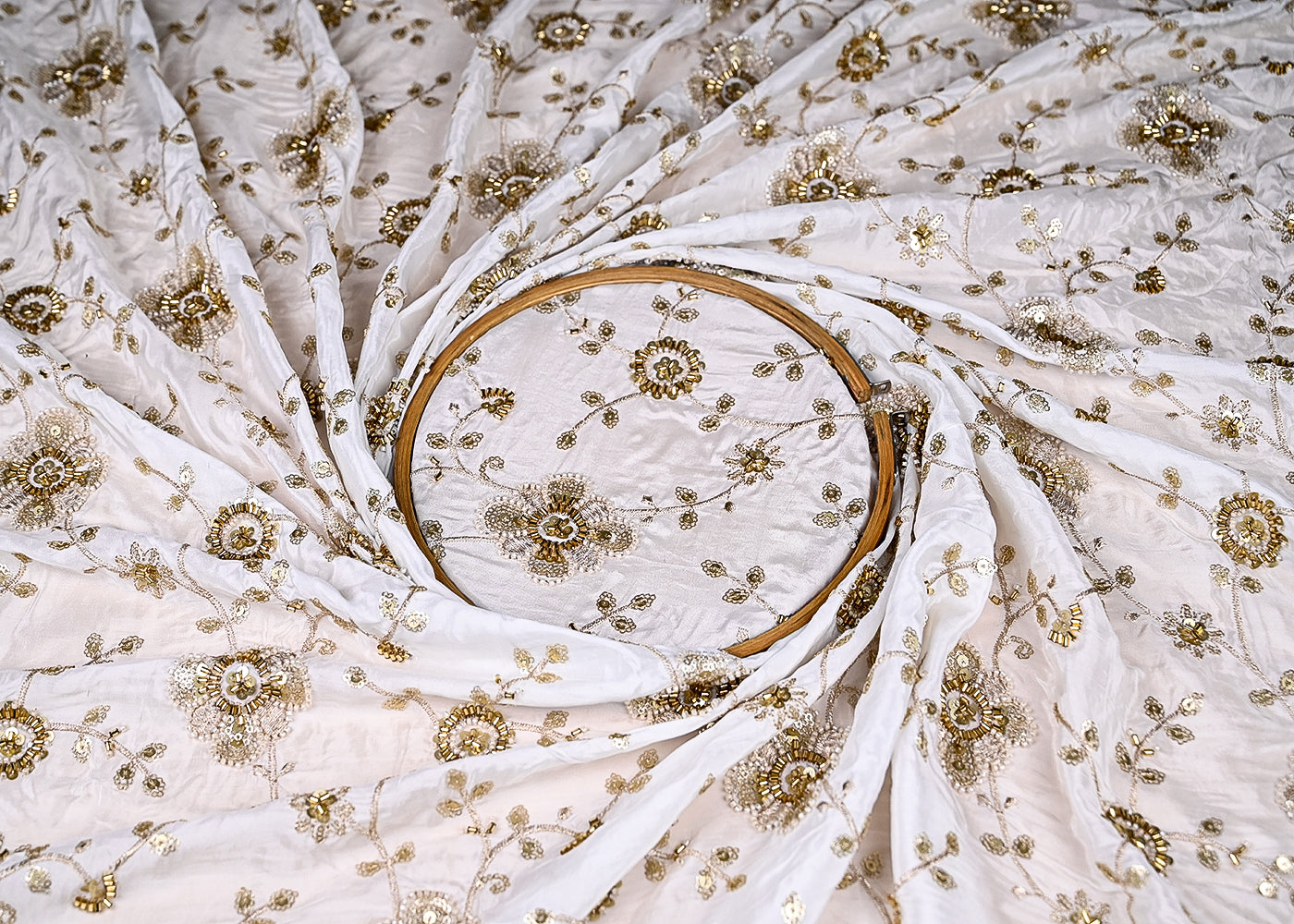 (Pre-Cut-1.4-MTR)-White-Crepe-Fabric-With-All-Over-Sequins,-Zari,-Bead-And-Katdana-Work-18934
