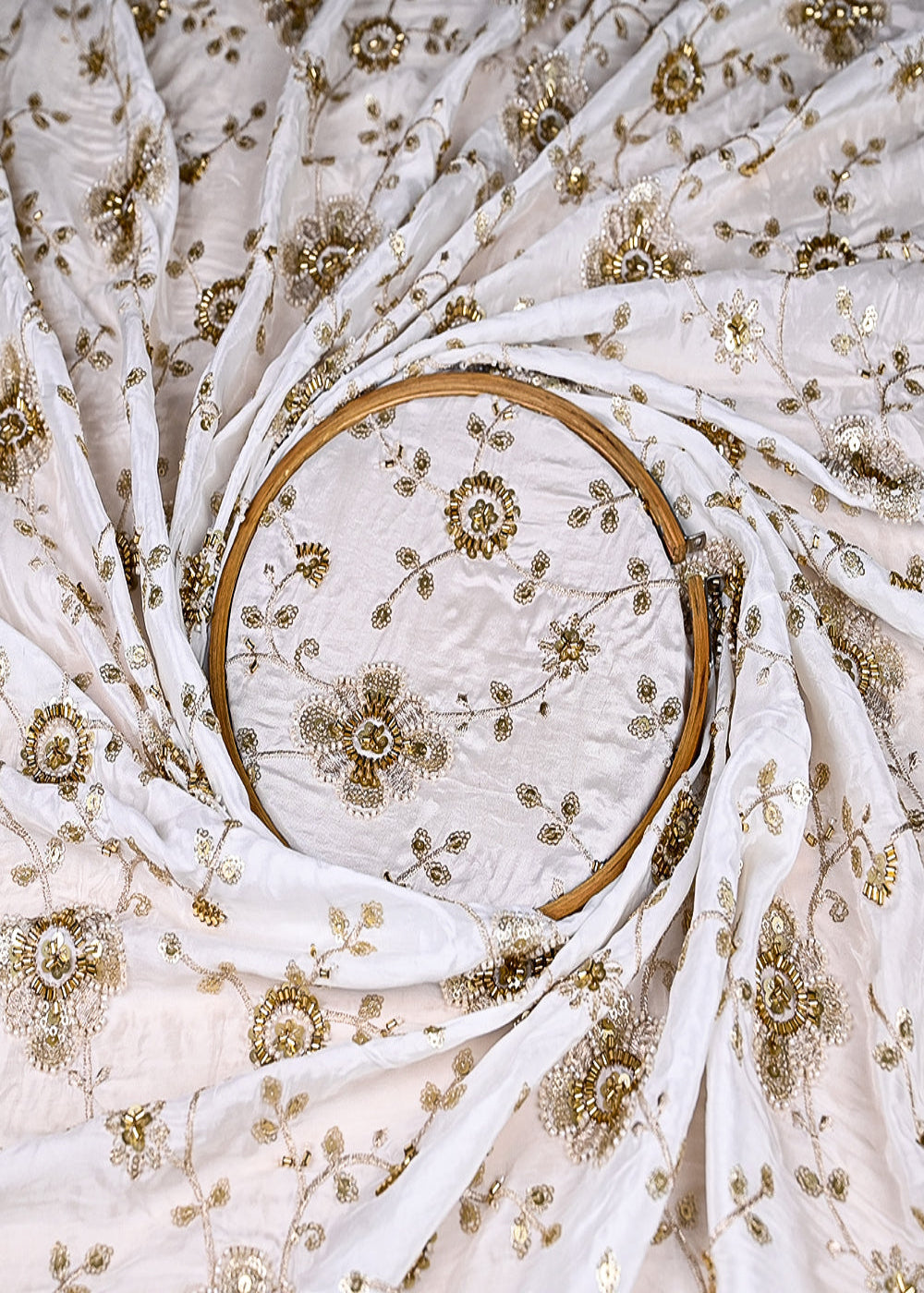 (Pre-Cut-1.4-MTR)-White-Crepe-Fabric-With-All-Over-Sequins,-Zari,-Bead-And-Katdana-Work-18934