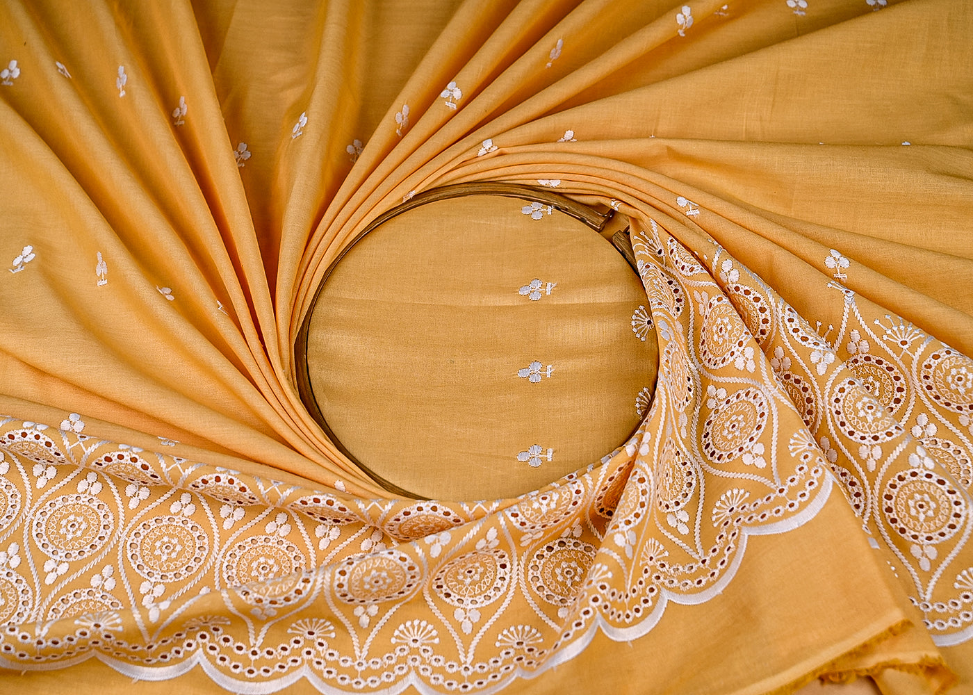 (Pre-Cut-2.45-MTR)-Yellow-Cotton-Fabric-With-All-Over-Thread-Work-With-One-Side-Border-18938