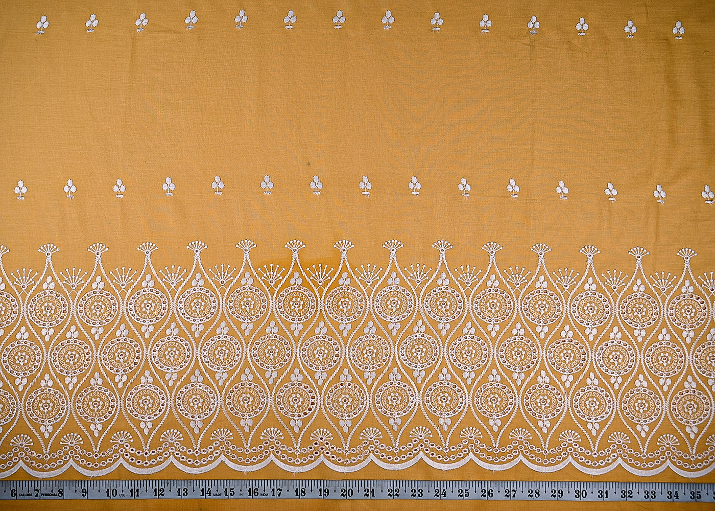(Pre-Cut-2.45-MTR)-Yellow-Cotton-Fabric-With-All-Over-Thread-Work-With-One-Side-Border-18938-measurement-view