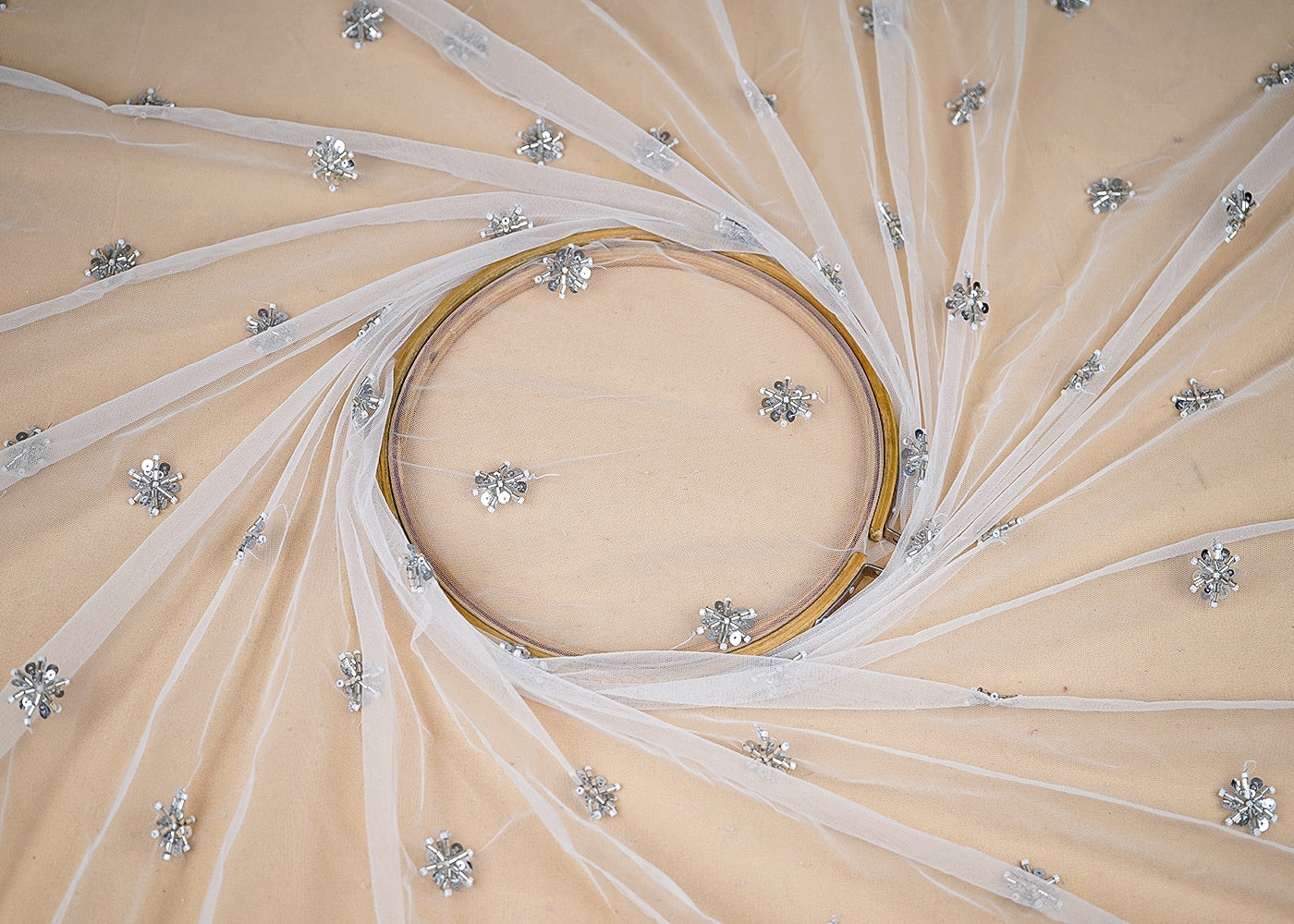 (Pre-Cut 2.85 MTR) White Net Fabric With All Over Katdana And Sequins Work 18941