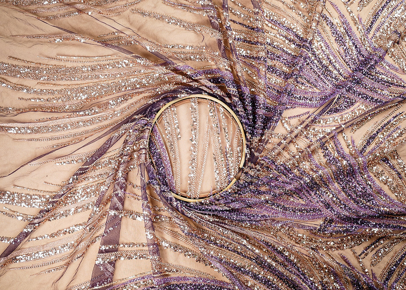 (Pre-Cut-0.9-MTR)-Purple-Net-Fabric-With-All-Over-Sequins,-Beads-And-Katdana-Work-18943