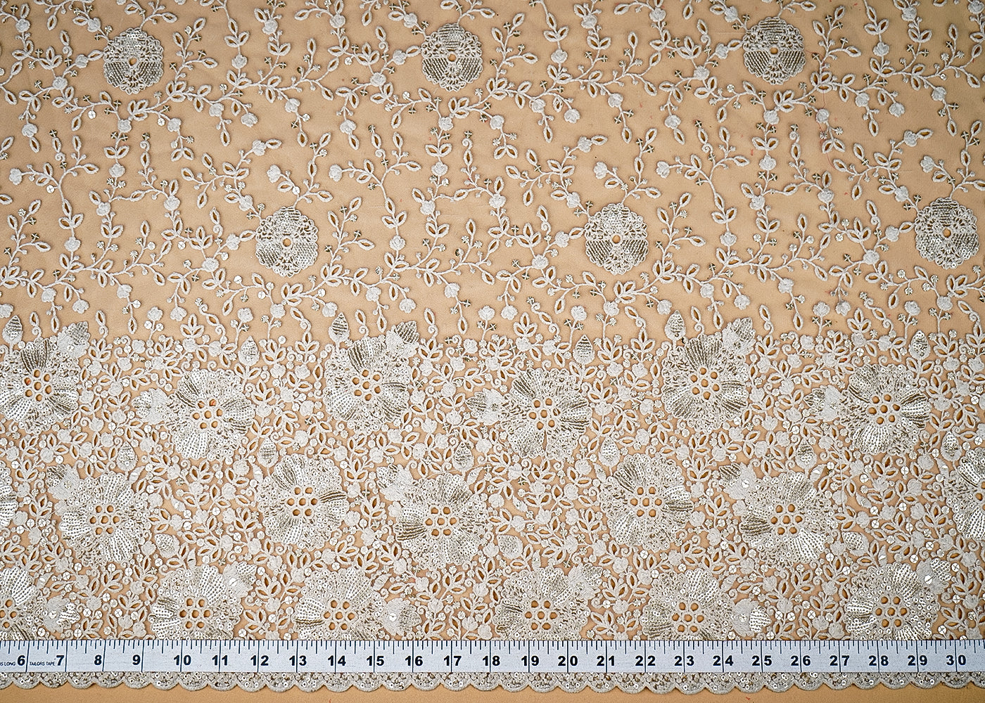 (Pre-Cut-1.5-MTR)-White-Net-Fabric-With-All-Over-Thread-And-Sequins-Work-With-One-Side-Cutwork-Border-18948-measurement-view