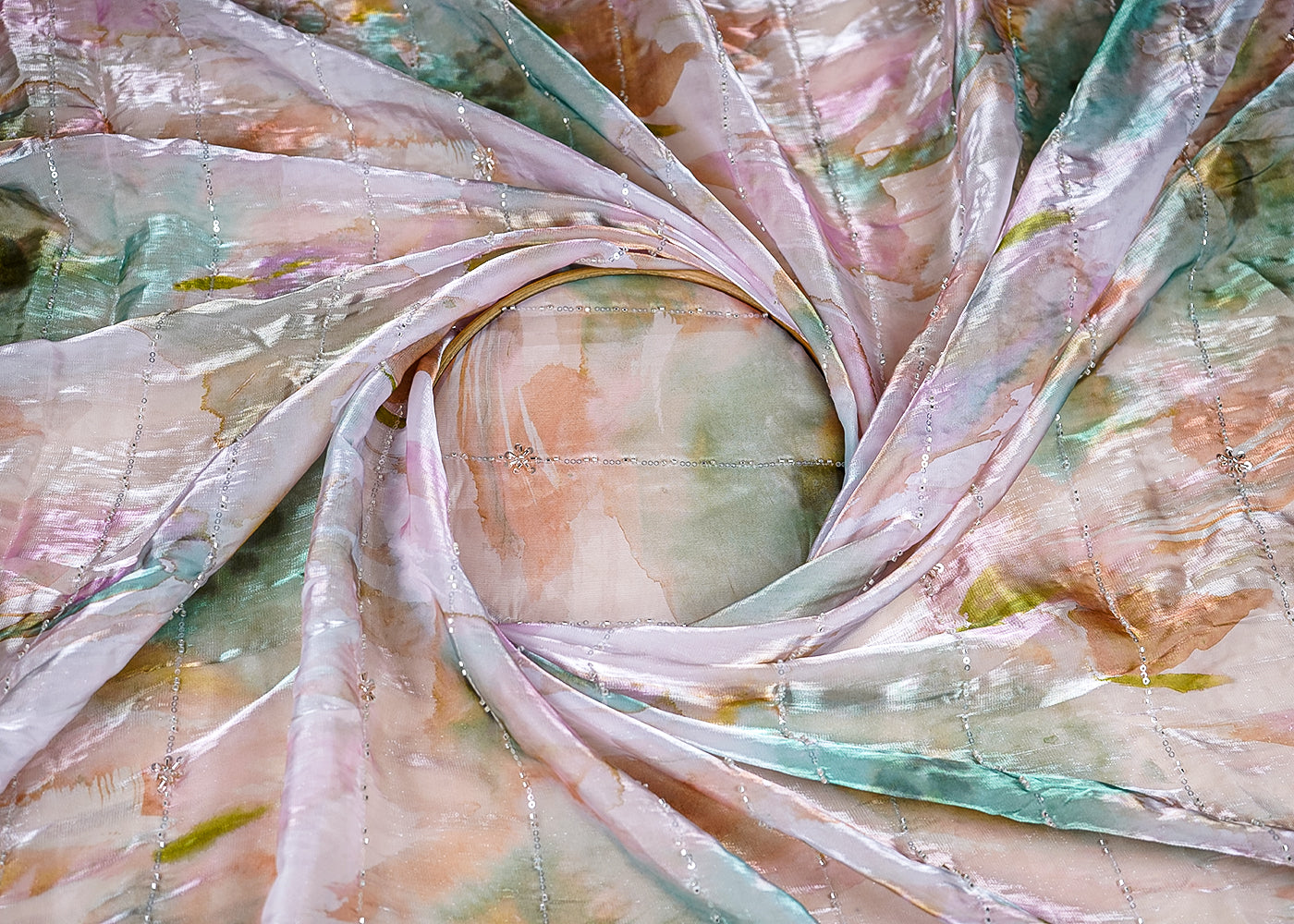 (Pre-Cut-1.6-MTR)-Lavender-Satin-Organza-Fabric-With-All-Over-Katdana-And-Sequins-Work-With-Both-Side-Border-18949