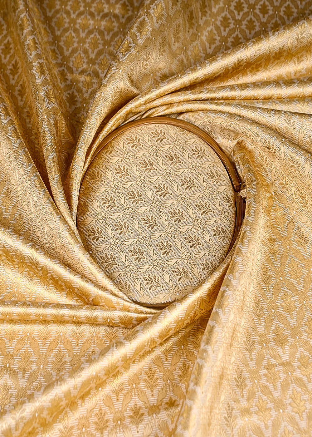 (Pre-Cut-1.5-MTR)-Golden-Satin-Fabric-With-All-Over-Zari-Handloom-18954