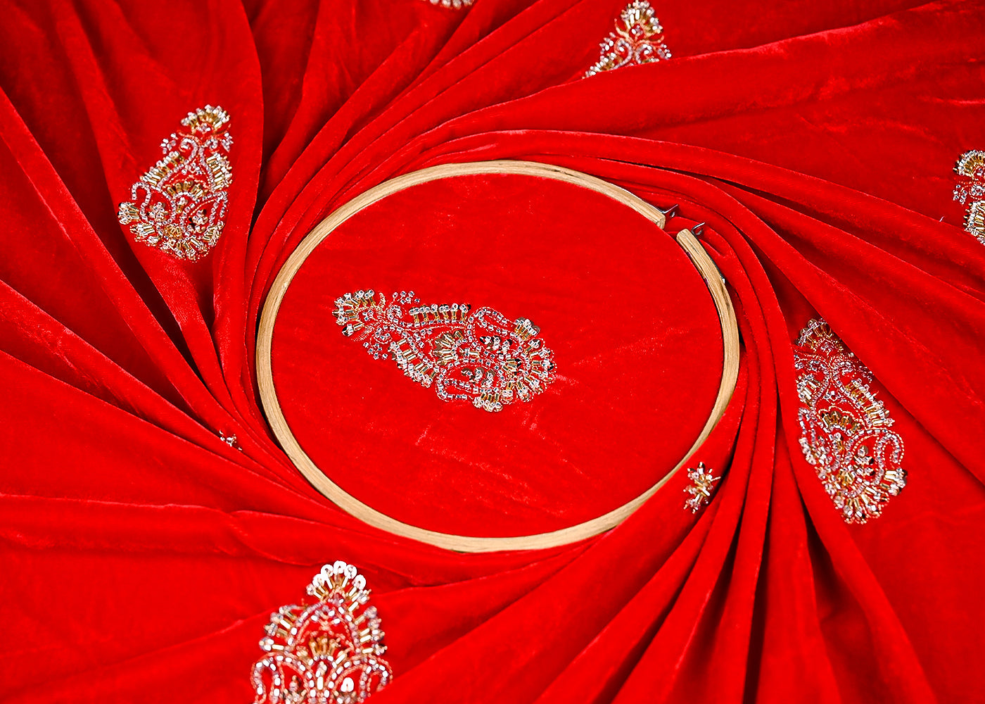 (Pre-Cut-1-MTR)-Red-Velvet-Fabric-With-All-Over-Katdana-And-Sequins-Work-18955
