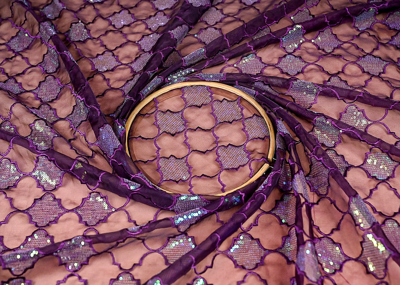 (Pre-Cut-1-MTR)-Purple-Organza-Fabric-With-All-Over-Rainbow-Sequins-And-Thread-Work-18959