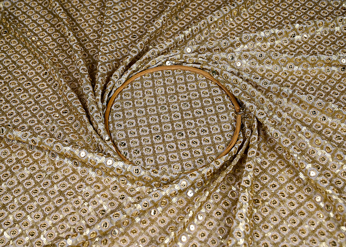 (Pre-Cut-0.9-MTR)-Golden-Georgette-Fabric-With-All-Over-Sequins,-Zari-And-Faux-Mirror-Work-18960