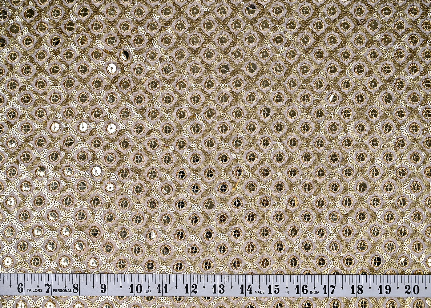 (Pre-Cut-0.9-MTR)-Golden-Georgette-Fabric-With-All-Over-Sequins,-Zari-And-Faux-Mirror-Work-18960-measurement-view