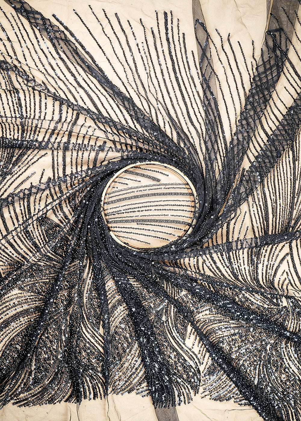 (Pre-Cut 2.65 MTR) Black Net Fabric With All Over Katdana, Sequins And Bead Work 18961