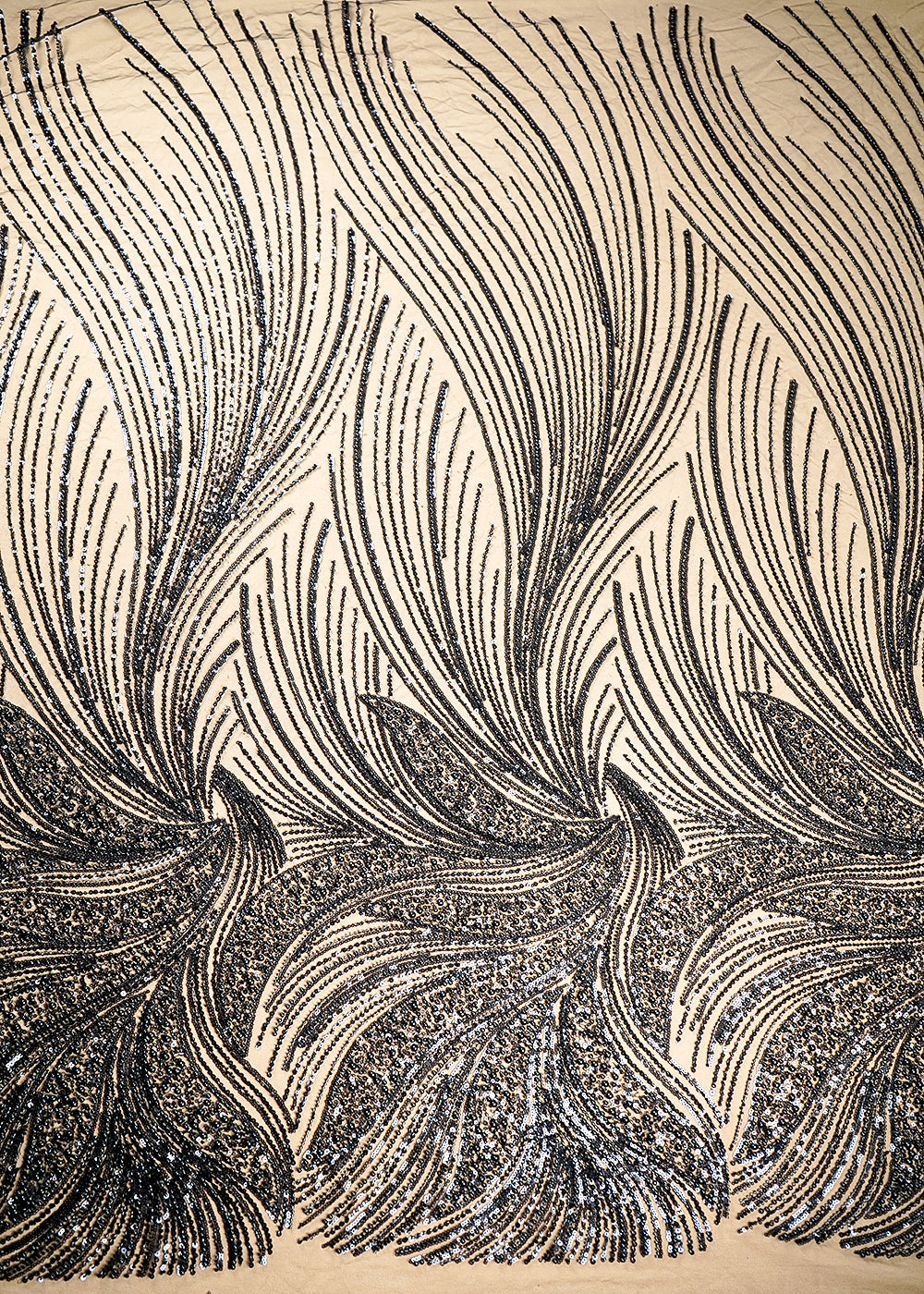 (Pre-Cut 2.65 MTR) Black Net Fabric With All Over Katdana, Sequins And Bead Work 18961