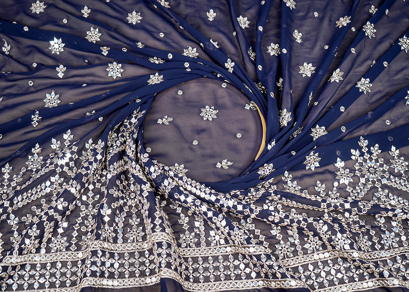 (Pre-Cut 2.3 MTR) Navy Blue Georgette Fabric With All Over Sequins And Zari Work 18962