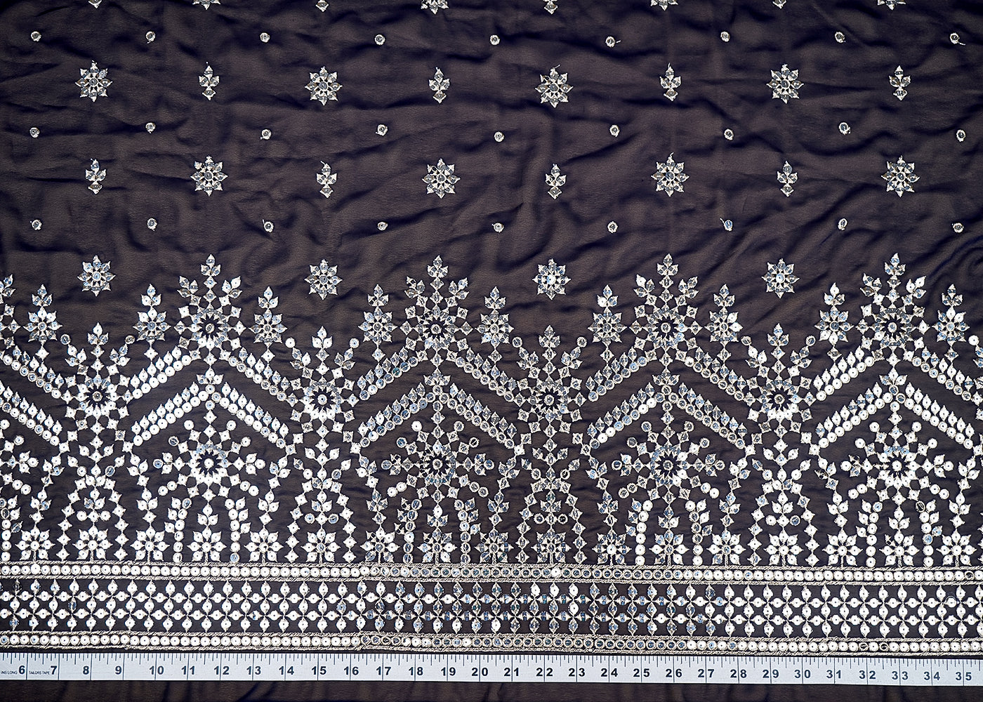 (Pre-Cut 2.3 MTR) Navy Blue Georgette Fabric With All Over Sequins And Zari Work 18962