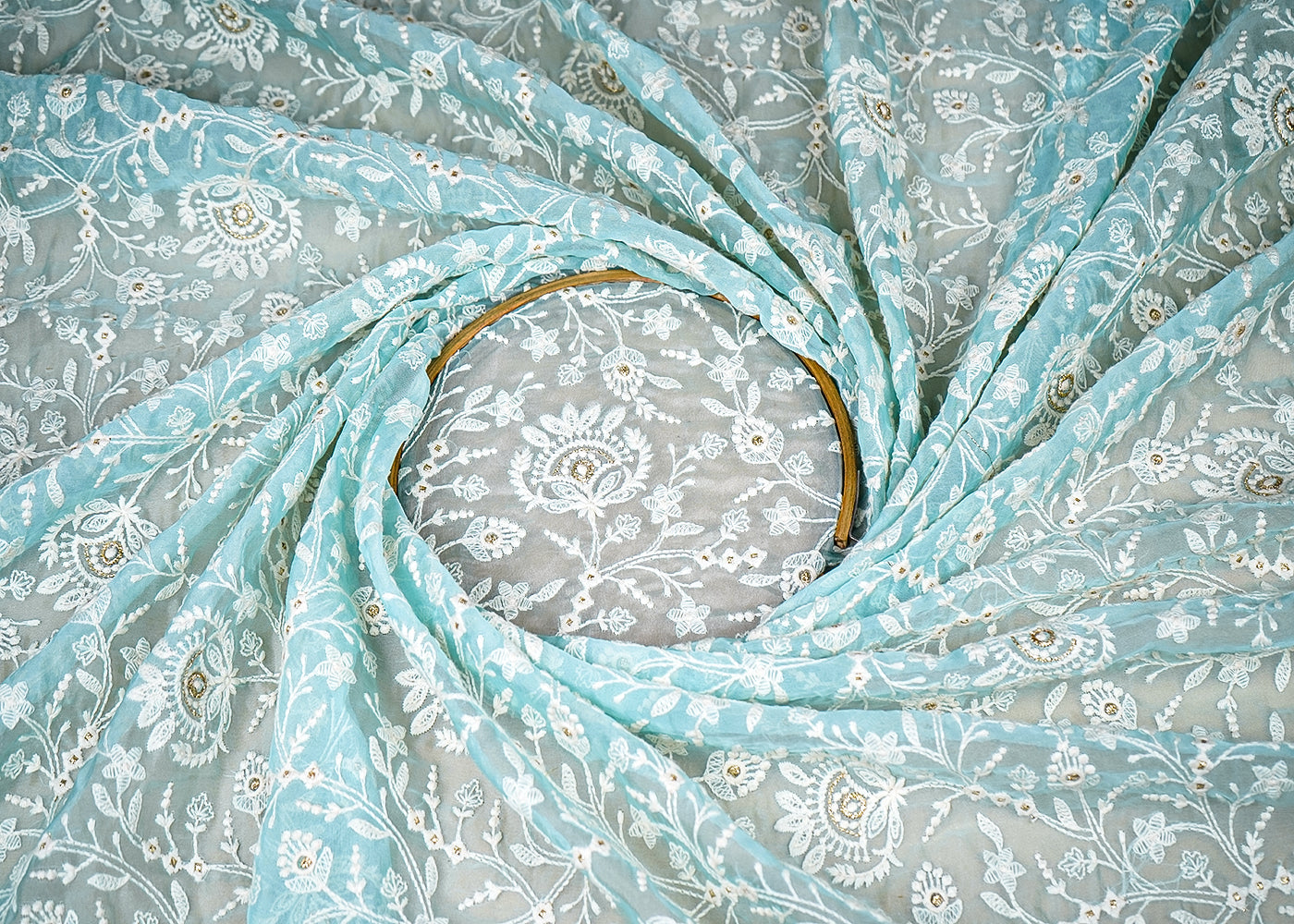(Pre-Cut 2.8 MTR) Sky Blue Organza Fabric With All Over Thread And Zari Work 18963