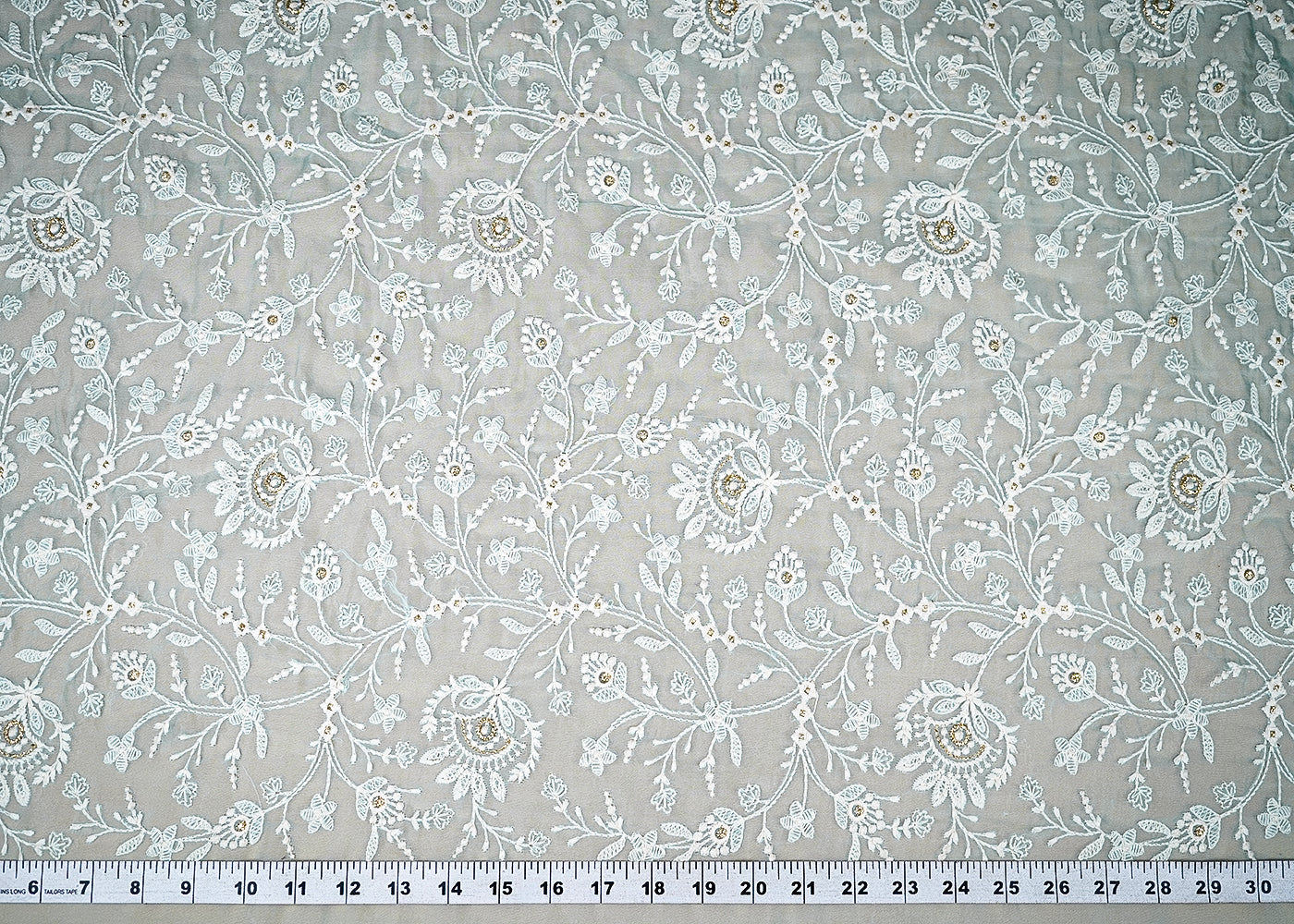 (Pre-Cut 2.8 MTR) Sky Blue Organza Fabric With All Over Thread And Zari Work 18963