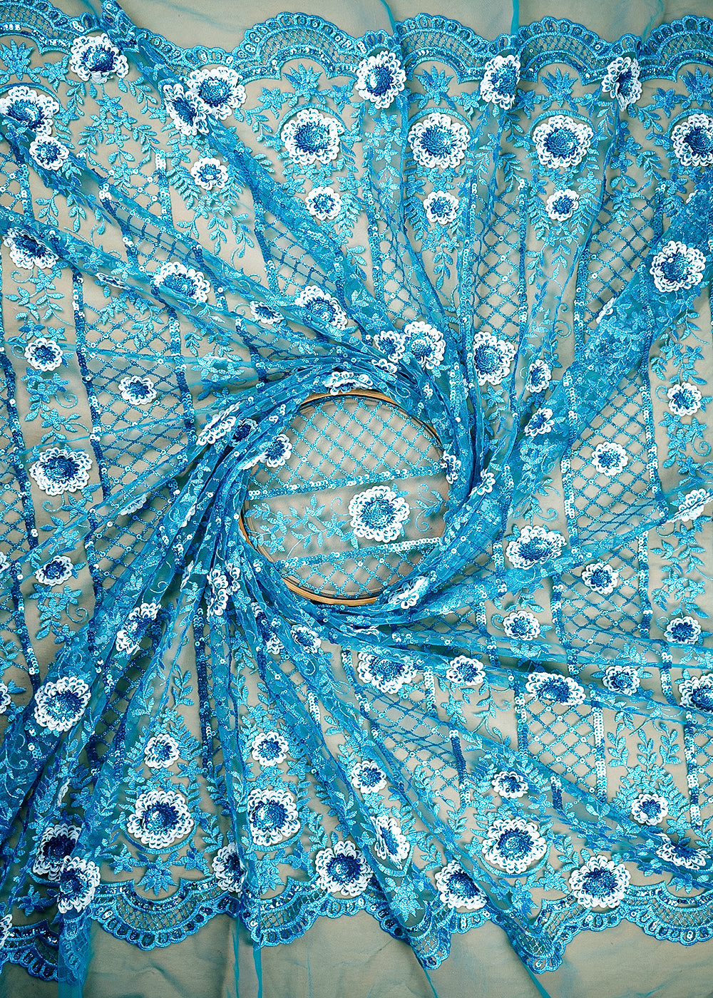 (Pre-Cut 4 MTR) Firozi Net Fabric With All Over Thread and Sequins Work 18964