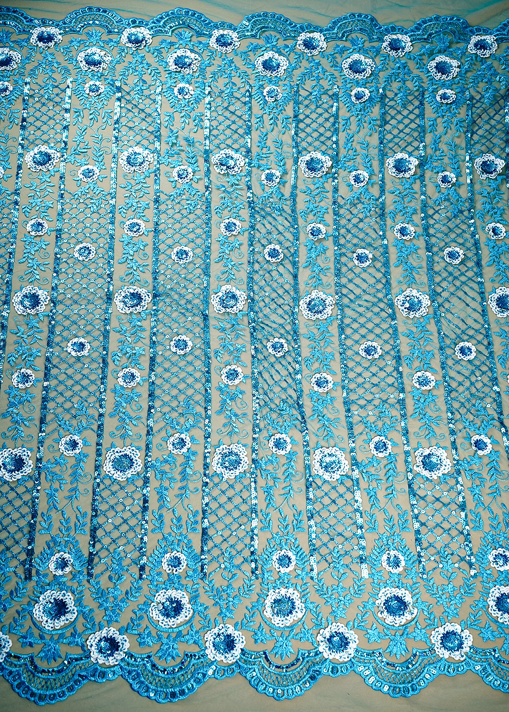 (Pre-Cut 4 MTR) Firozi Net Fabric With All Over Thread and Sequins Work 18964