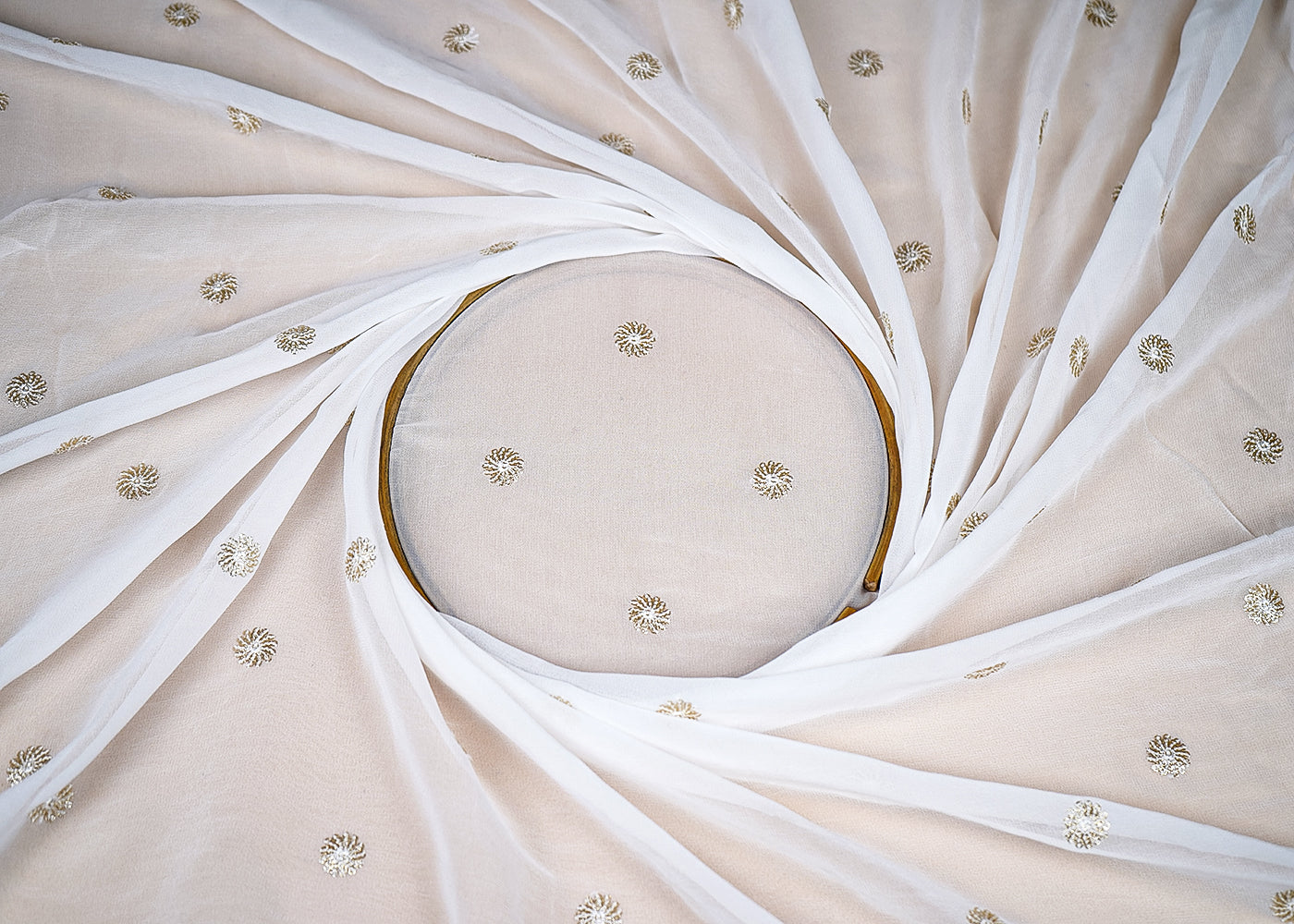 (Pre-Cut-4.6-MTR)-White-Georgette-Fabric-With-All-Over-Thread-And-Sequins-Work-18966
