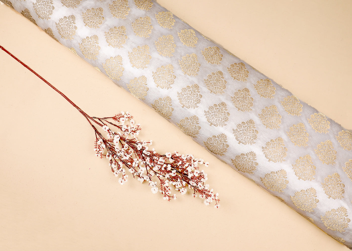 White Upada Silk Fabric With All Over Zari Handloom 19001