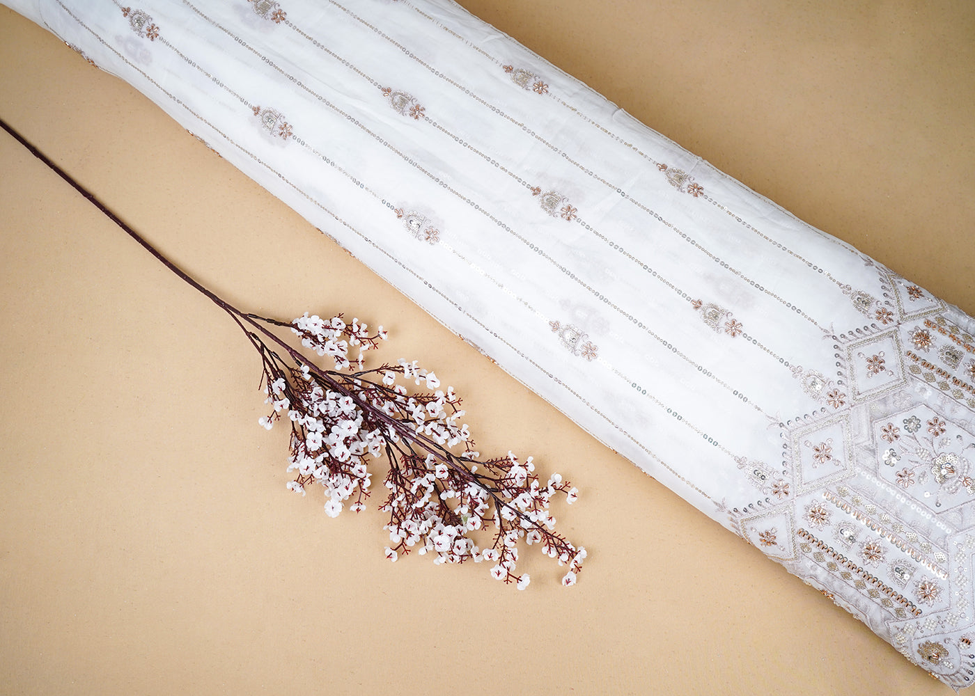 White Georgette Fabric With All Over Katdana, Sequins, Zari And One Side Net Cutwork Border 19002