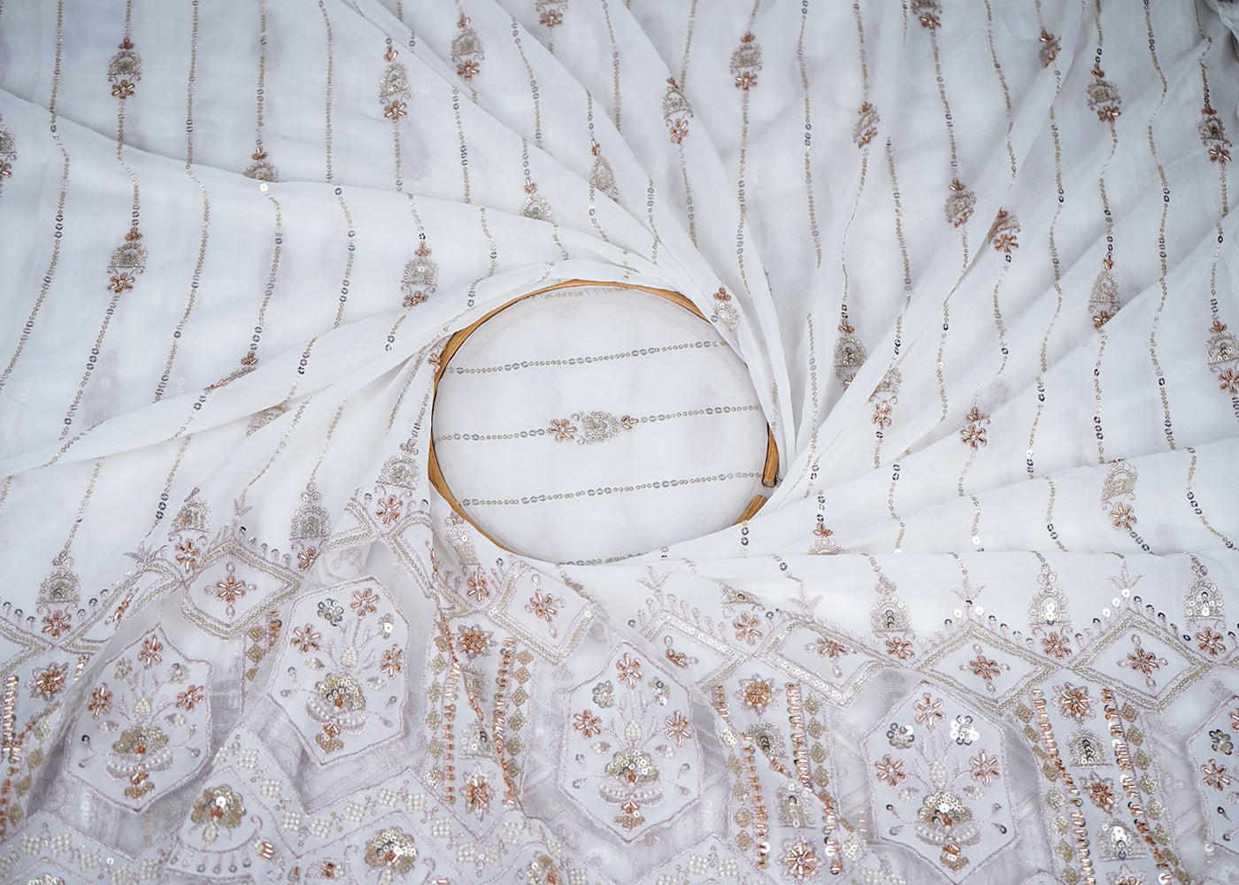 White Georgette Fabric With All Over Katdana, Sequins, Zari And One Side Net Cutwork Border 19002