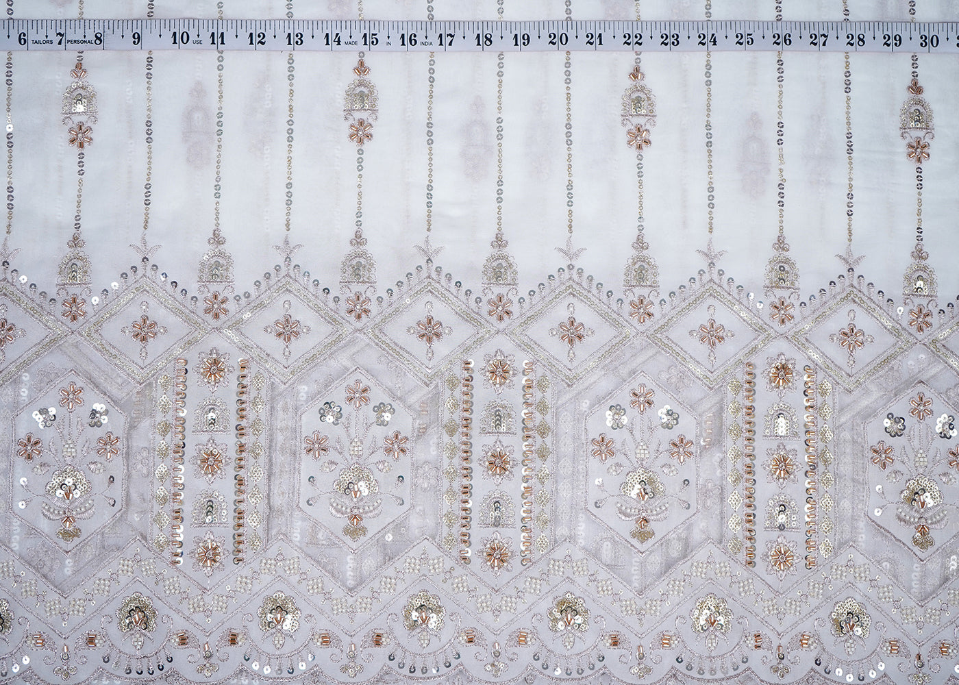 White Georgette Fabric With All Over Katdana, Sequins, Zari And One Side Net Cutwork Border 19002